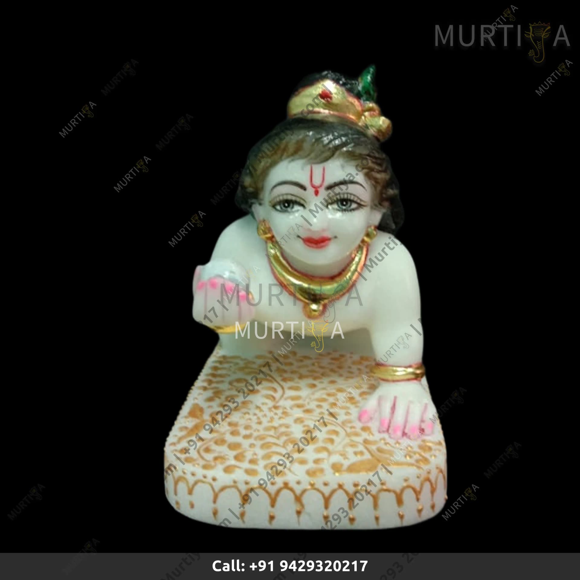 Marble Laddu Gopal with Base in Makrana Marble (9–11 Inch)