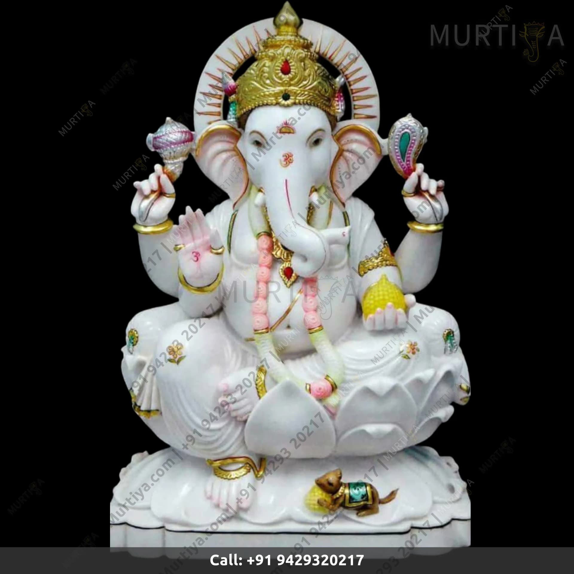 Marble Ganesh Ji On White Lotus Idol – Makrana Marble, 12–30 Inch
