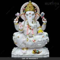 Marble Ganesh Ji On White Lotus Idol – Makrana Marble, 12–30 Inch - 1