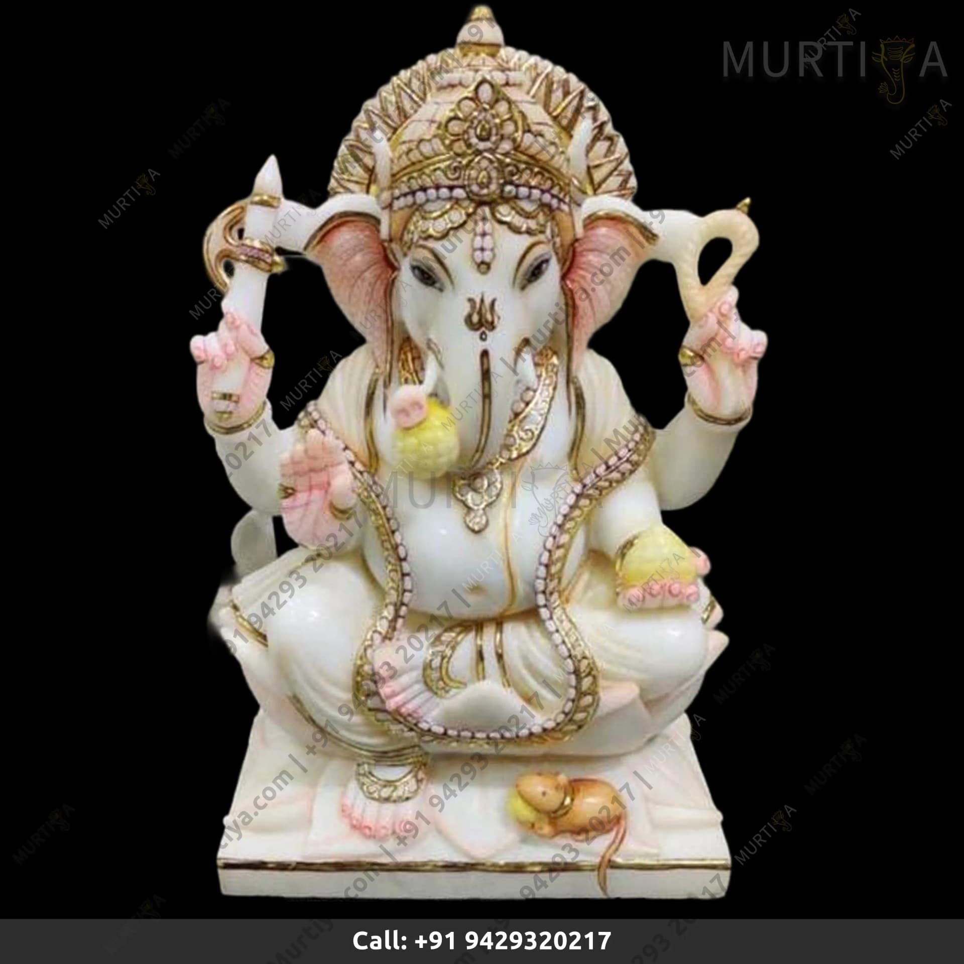 Marble Ganesha Ji With Stone Work Idol (Makrana, 12–30 Inch)