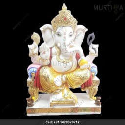 Marble Ganesh ji with Golden Painted 12 Inch Makrana Idol - 1