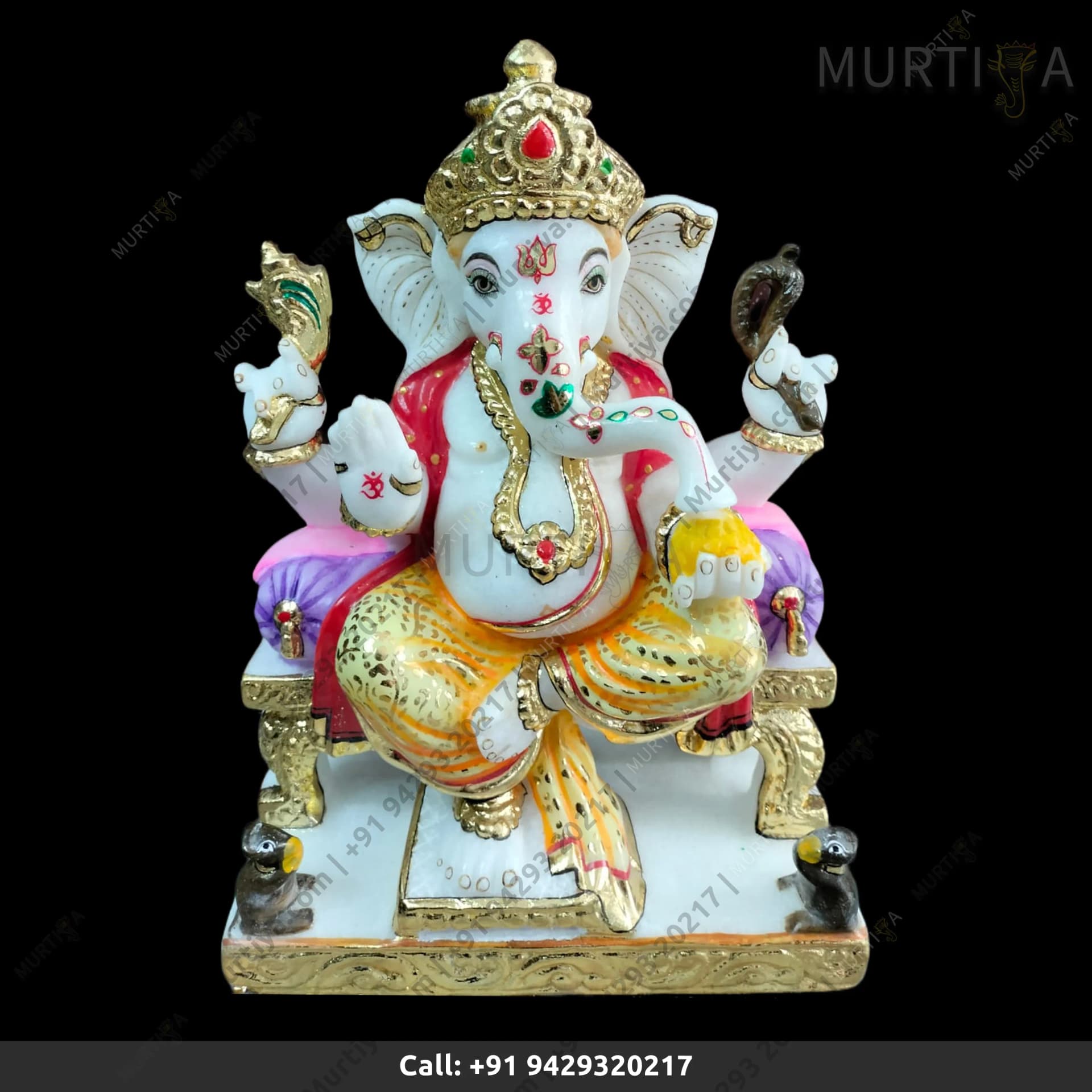 Marble Ganesh ji Golden & Red Painting Work (12 Inch)