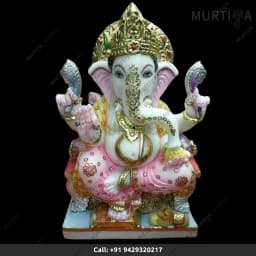 Marble Ganesh ji Pink Golden Painted Makrana Idol (24–30 Inch) - 1