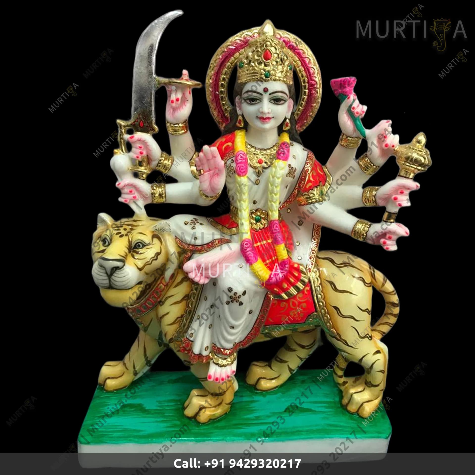 Marble Durga Maa Dark Red And White Saree - 15 Inch Idol