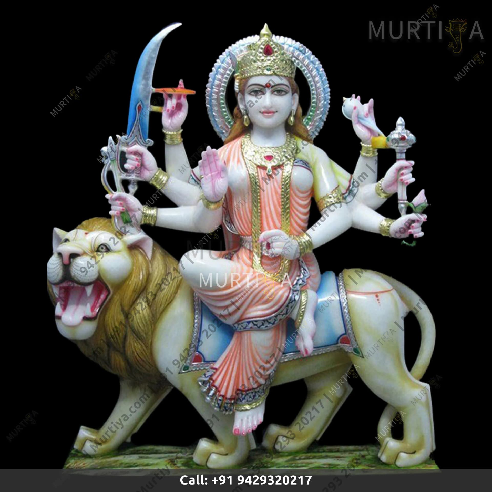 Marble Durga Maa Light Orange & Light Green Saree - 30 Inch Idol