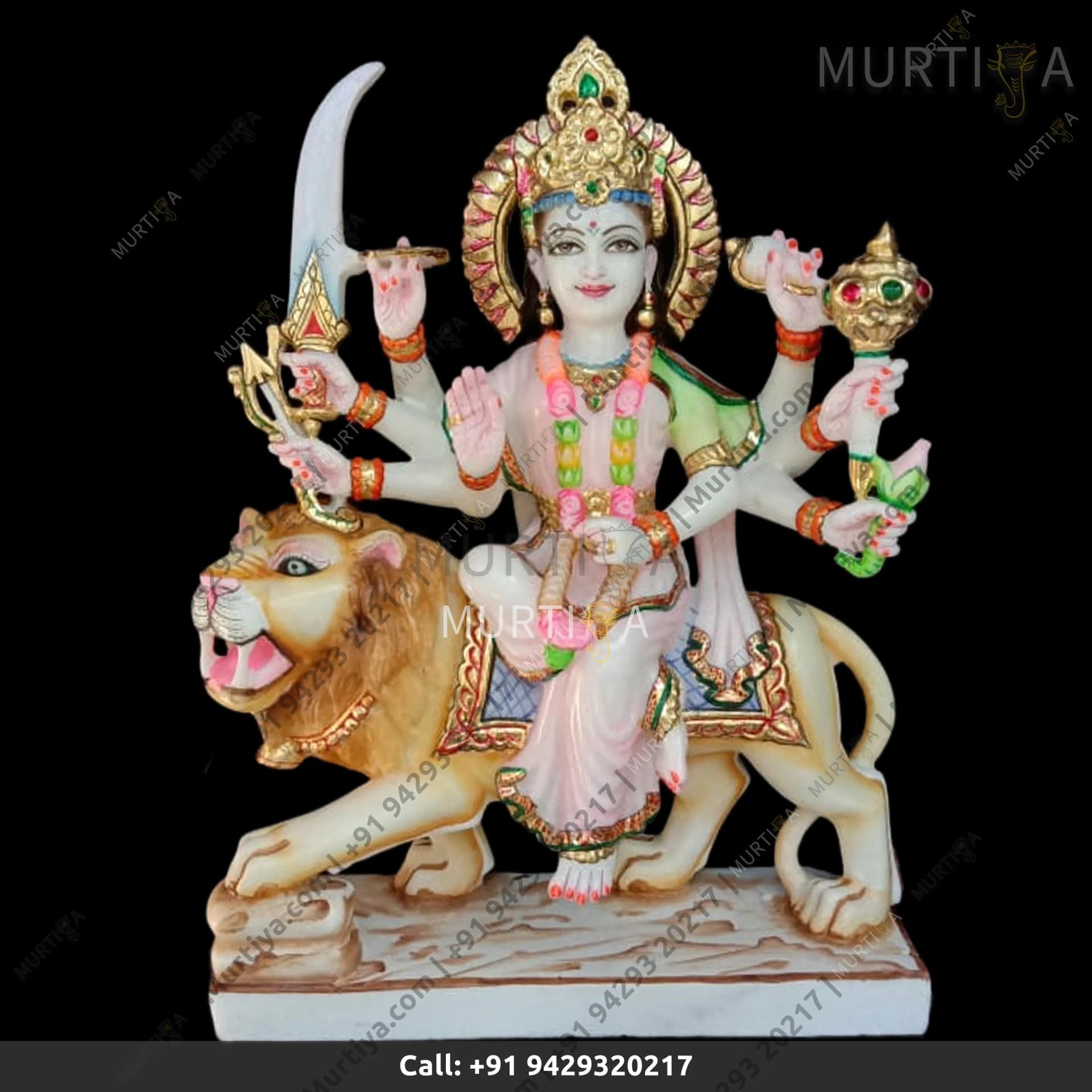 Marble Durga Maa Light Pink & Light Green Idol (Makrana) – 12-30 Inch