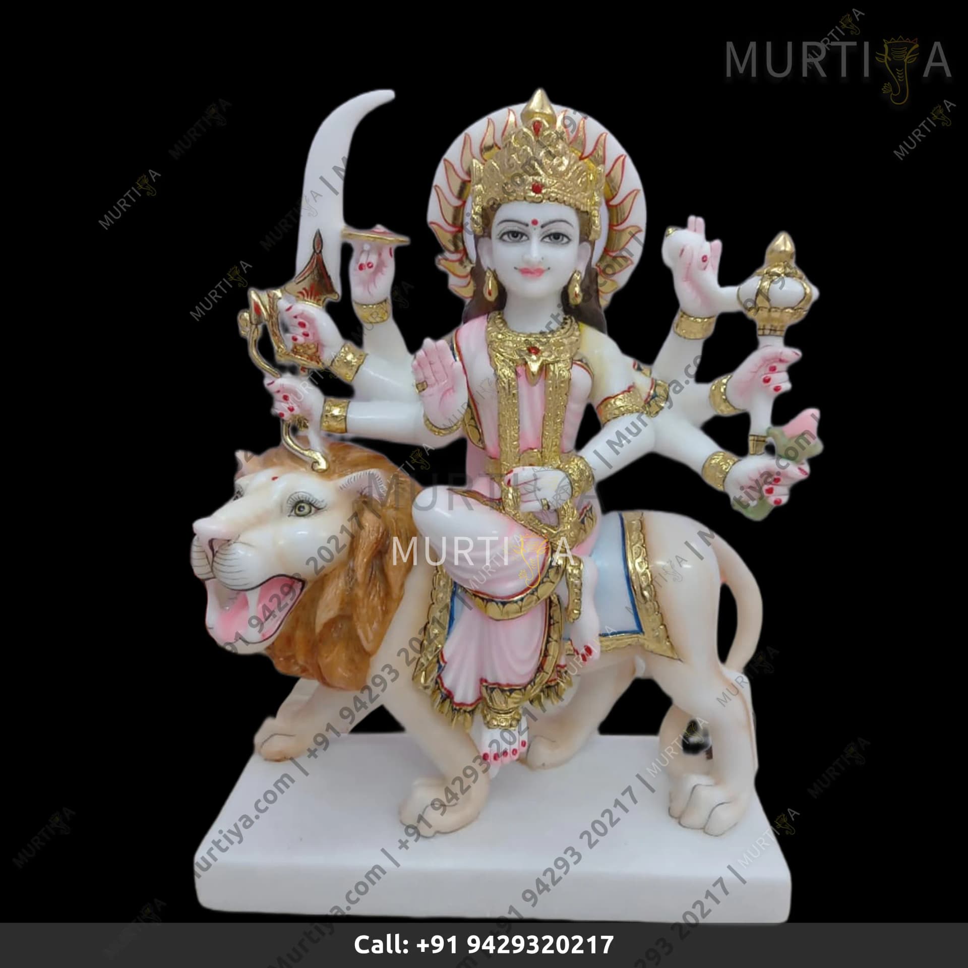 Marble Durga Maa Light Pink Saree And Aggressive Lion Idol