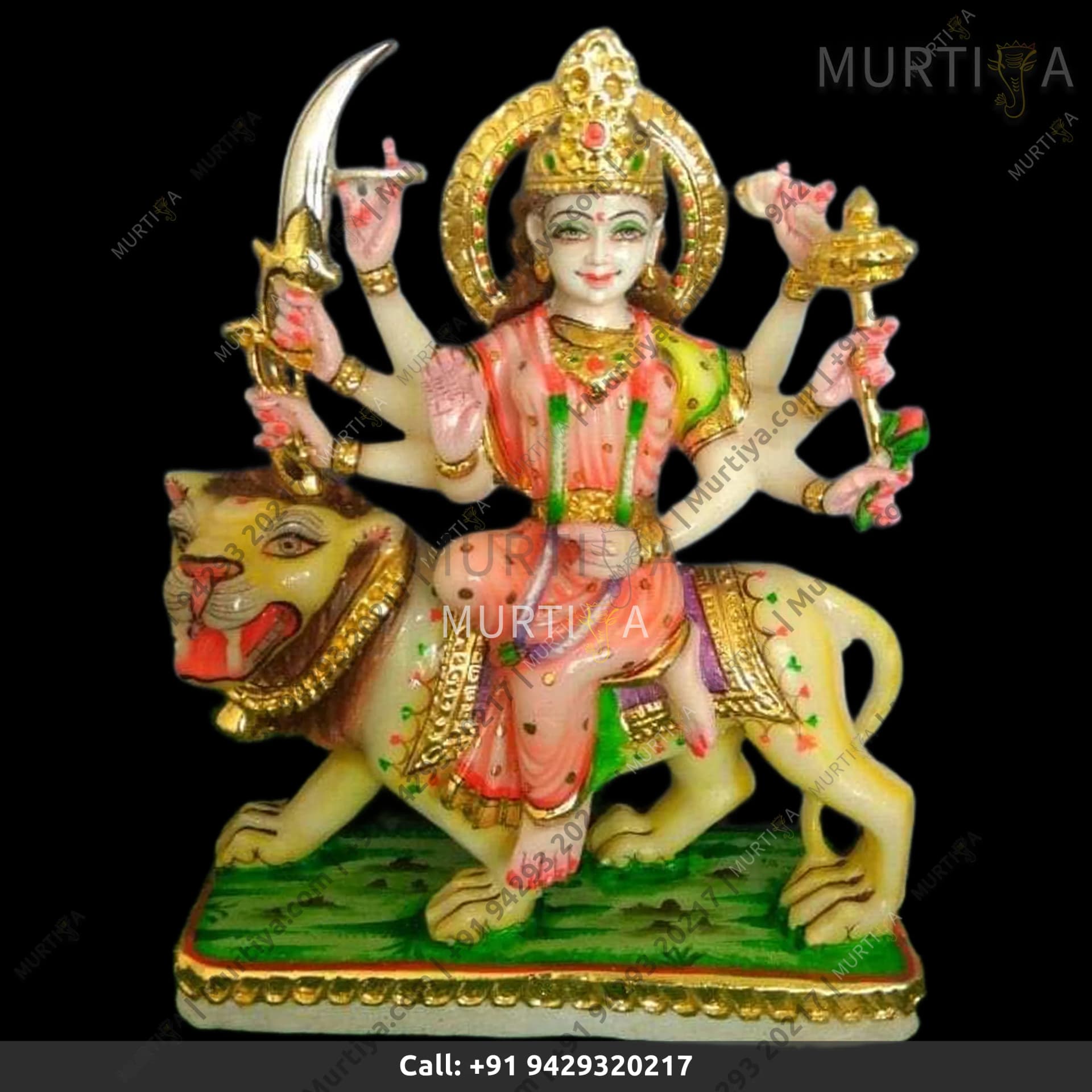 Marble Durga Maa Light Pink Saree & Lion 9 Inch Idol