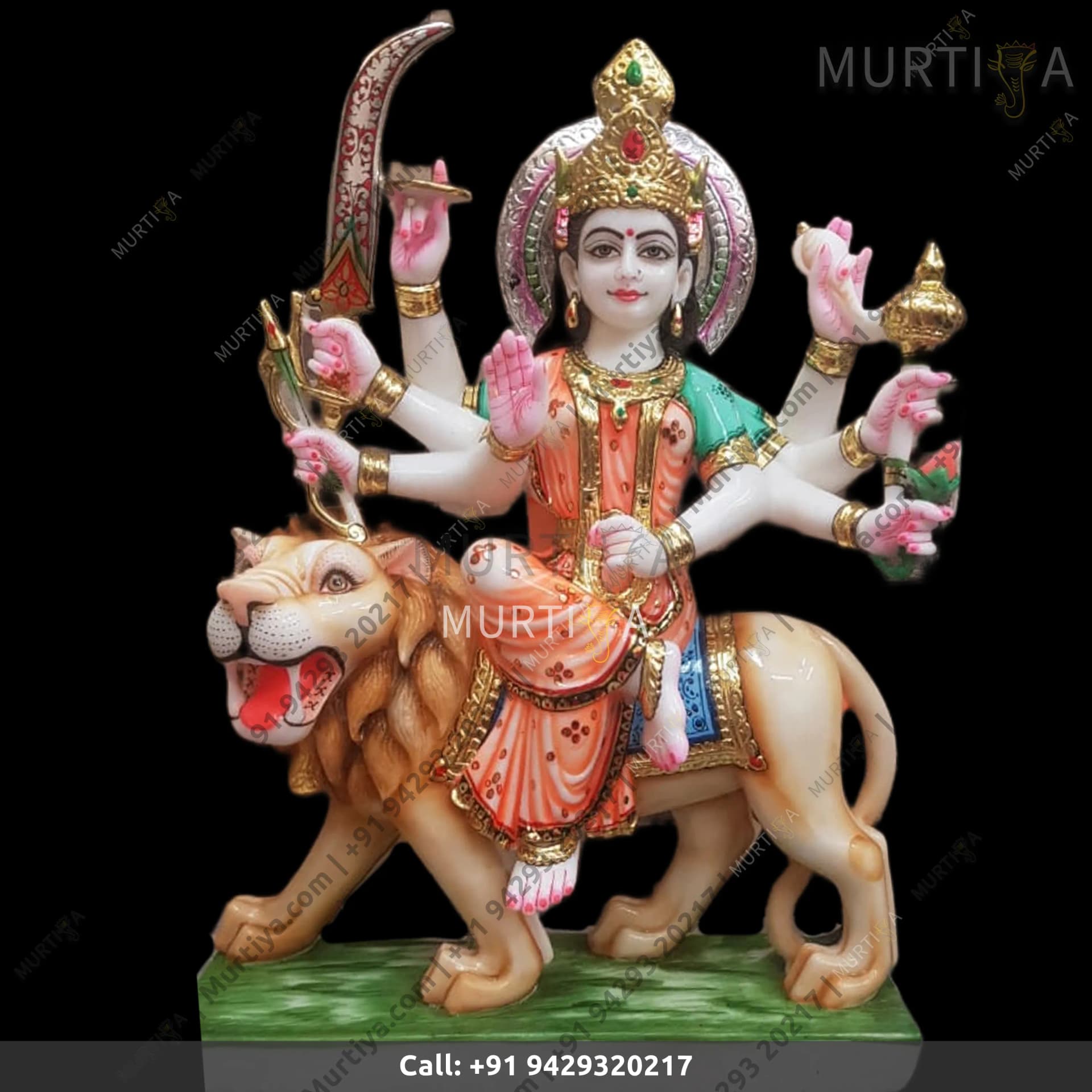Marble Durga Maa Orange And Green Saree 24 Inch Makrana Idol