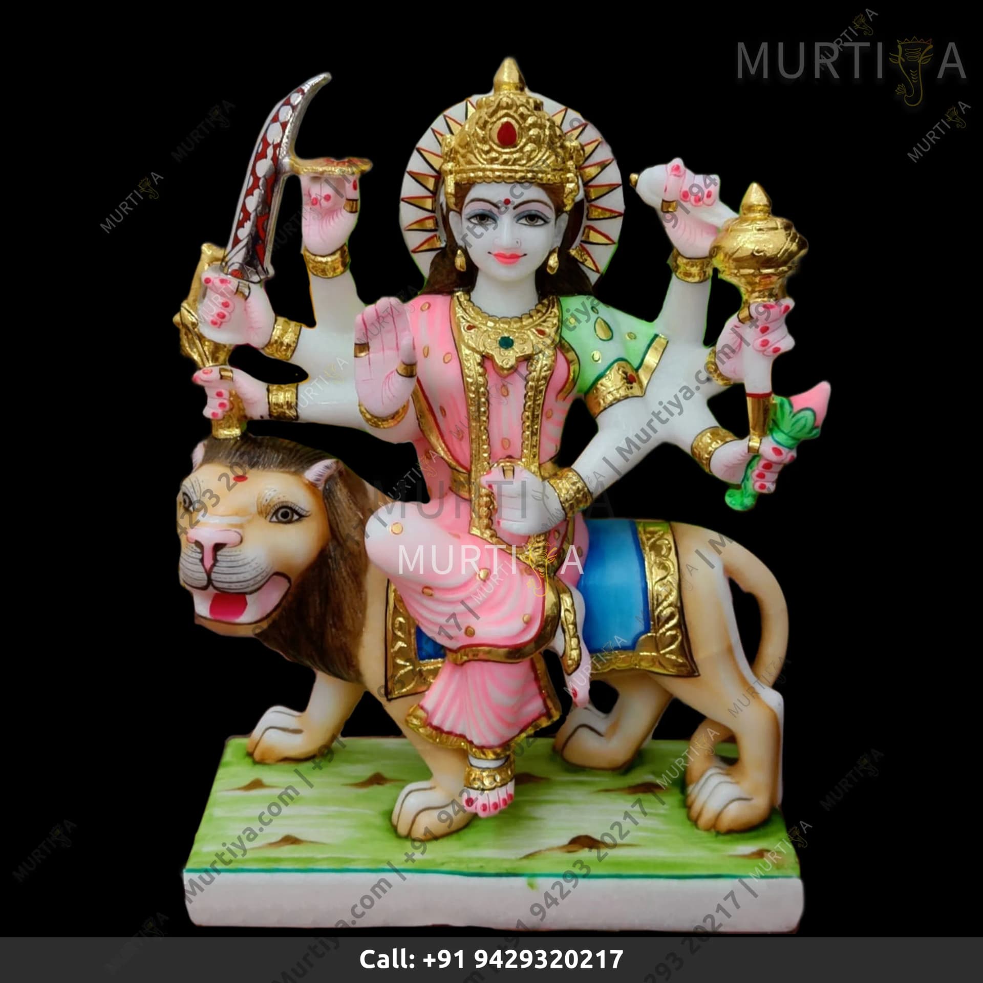 Marble Durga Maa Pink And Green Saree 12 Inch Makrana Idol