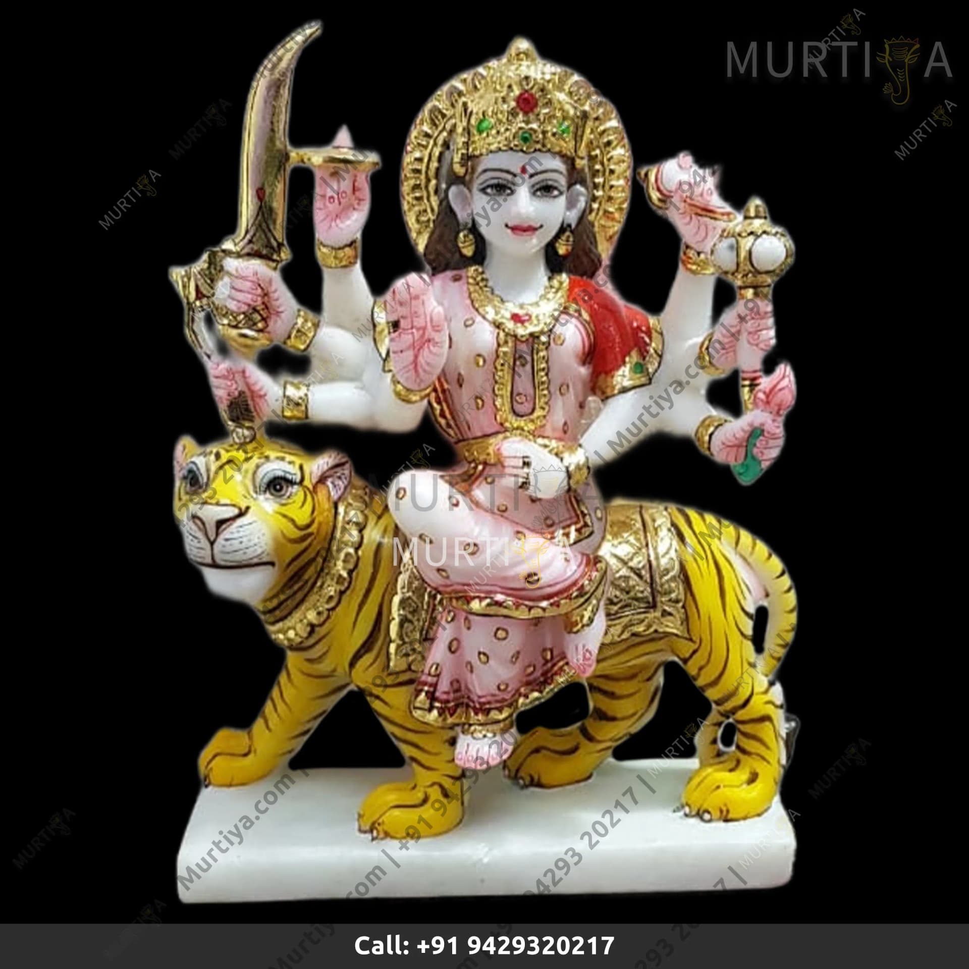 Marble Durga Maa Pink Red Saree & Stripped Lion Idol (Makrana)