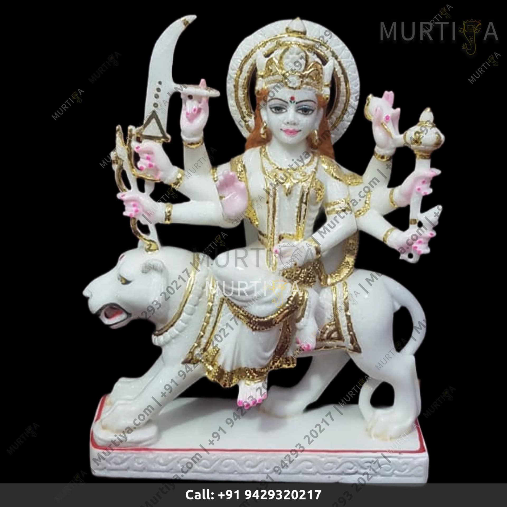 Marble Durga Maa Pure White & Golden Outline 12 Inch Idol