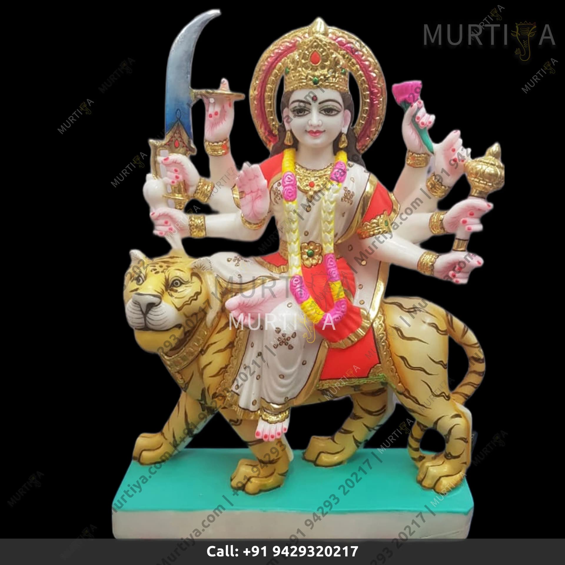 Marble Durga Maa Red And White Saree - 18 Inch Makrana Idol