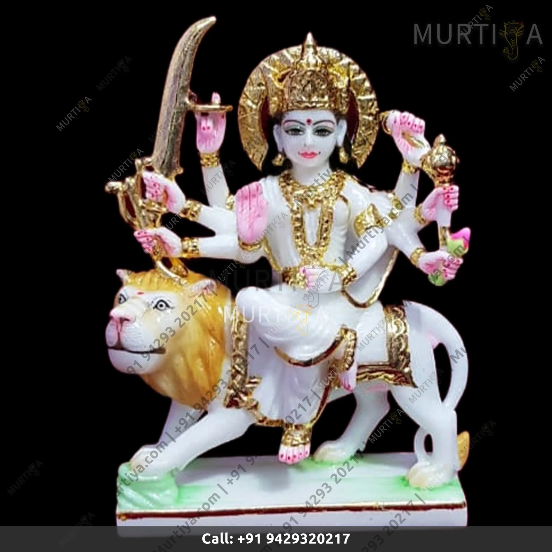 Marble Durga Maa White And Golden Outline 12 Inch Idol (Makrana)