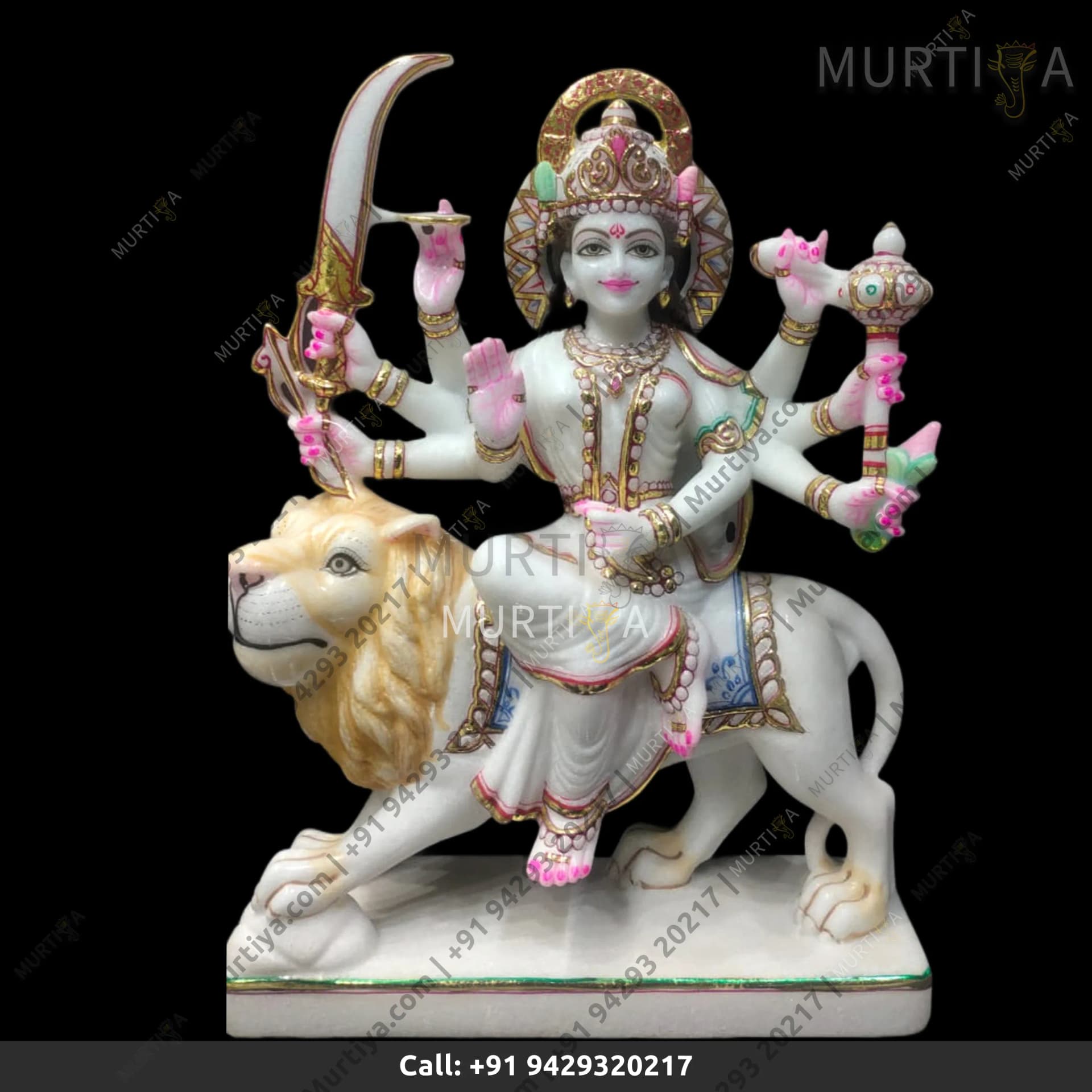 Marble Durga Maa White & Golden Outline Idol, Makrana (12–30 Inch)