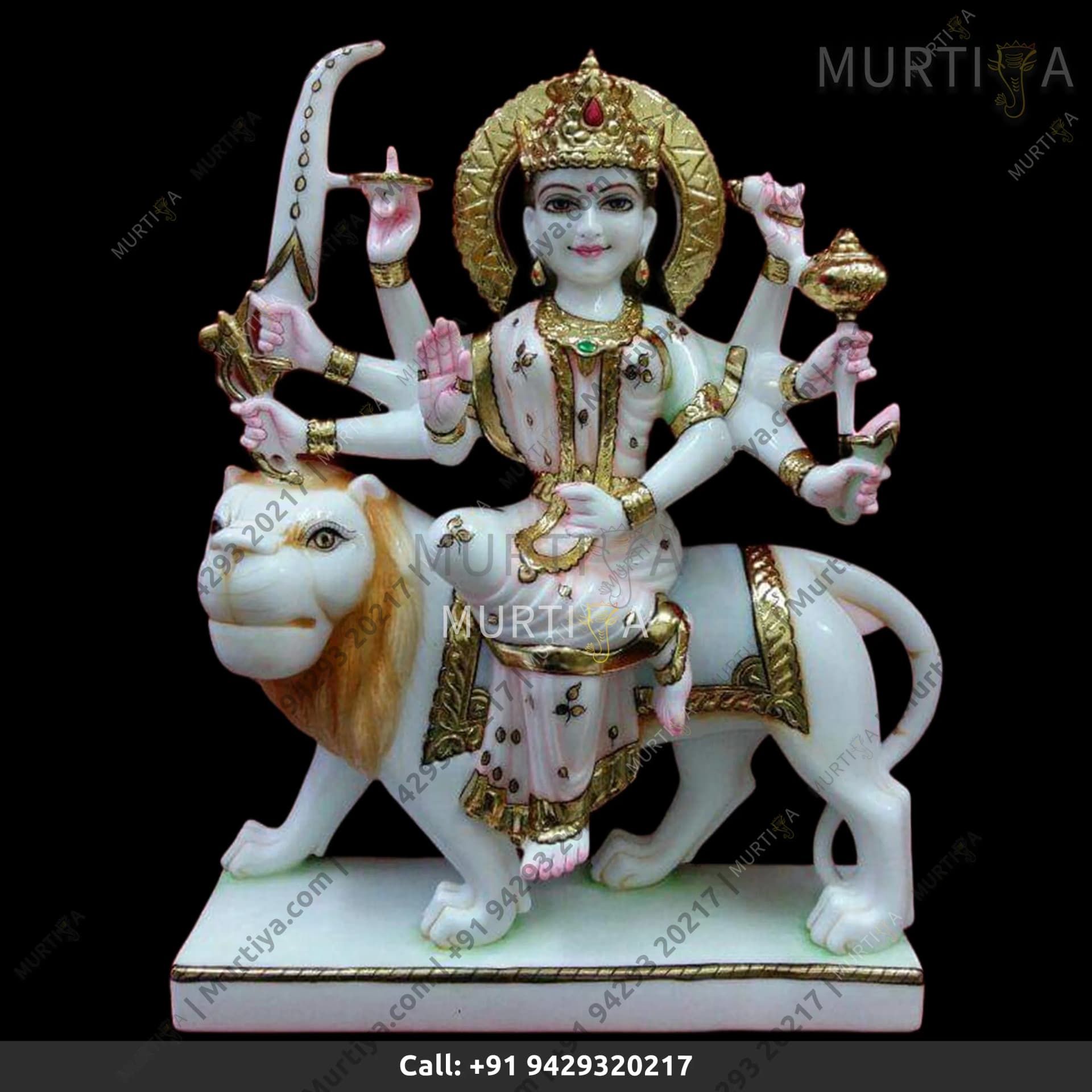 Marble Durga Maa With Light Pink Saree And White Lion Idol