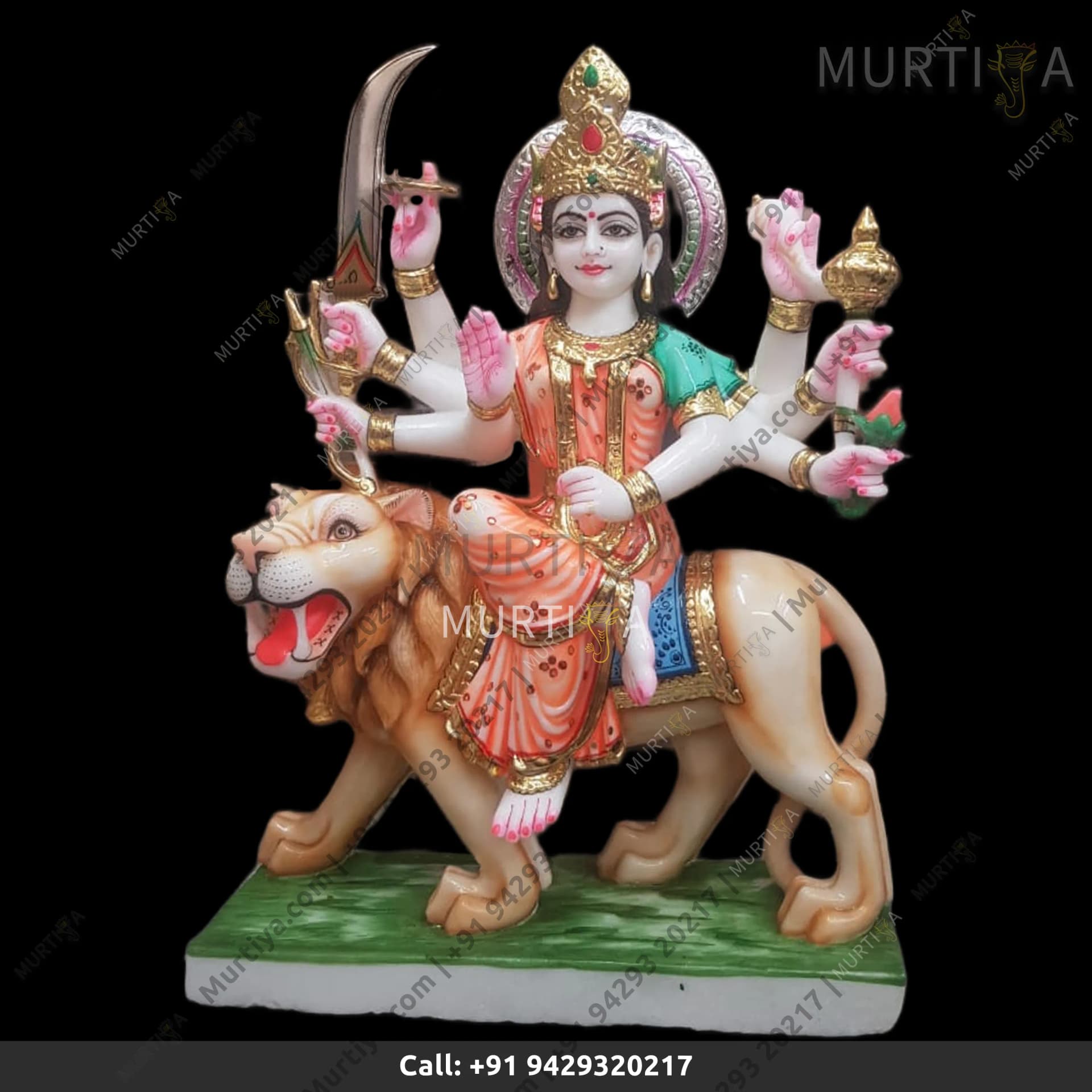Marble Durga Maa With Orange And Green Saree Aggressive Lion Idol