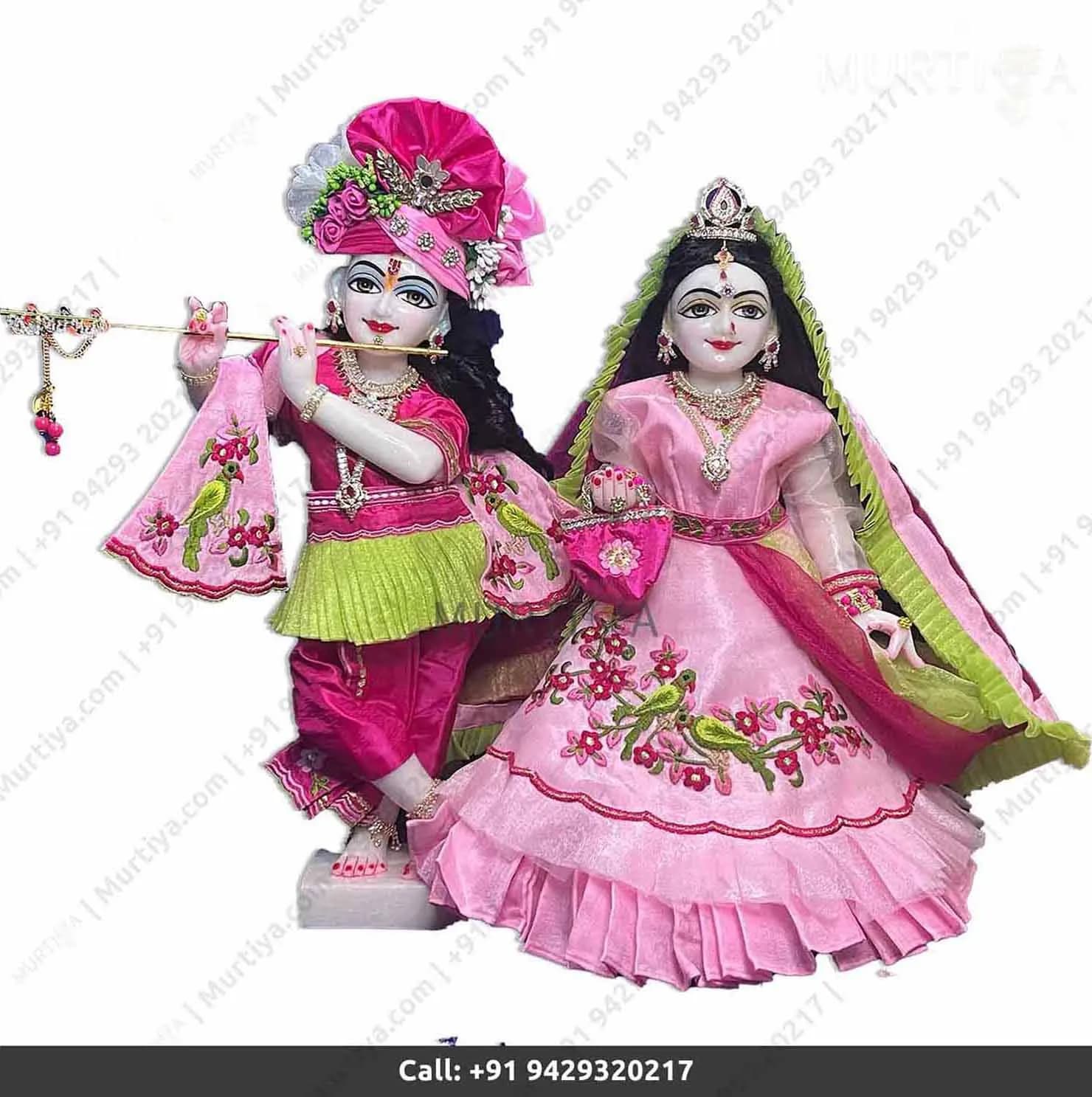 18 Inch ISKCON Radha Krishna Marble Statue Pink Green Dress