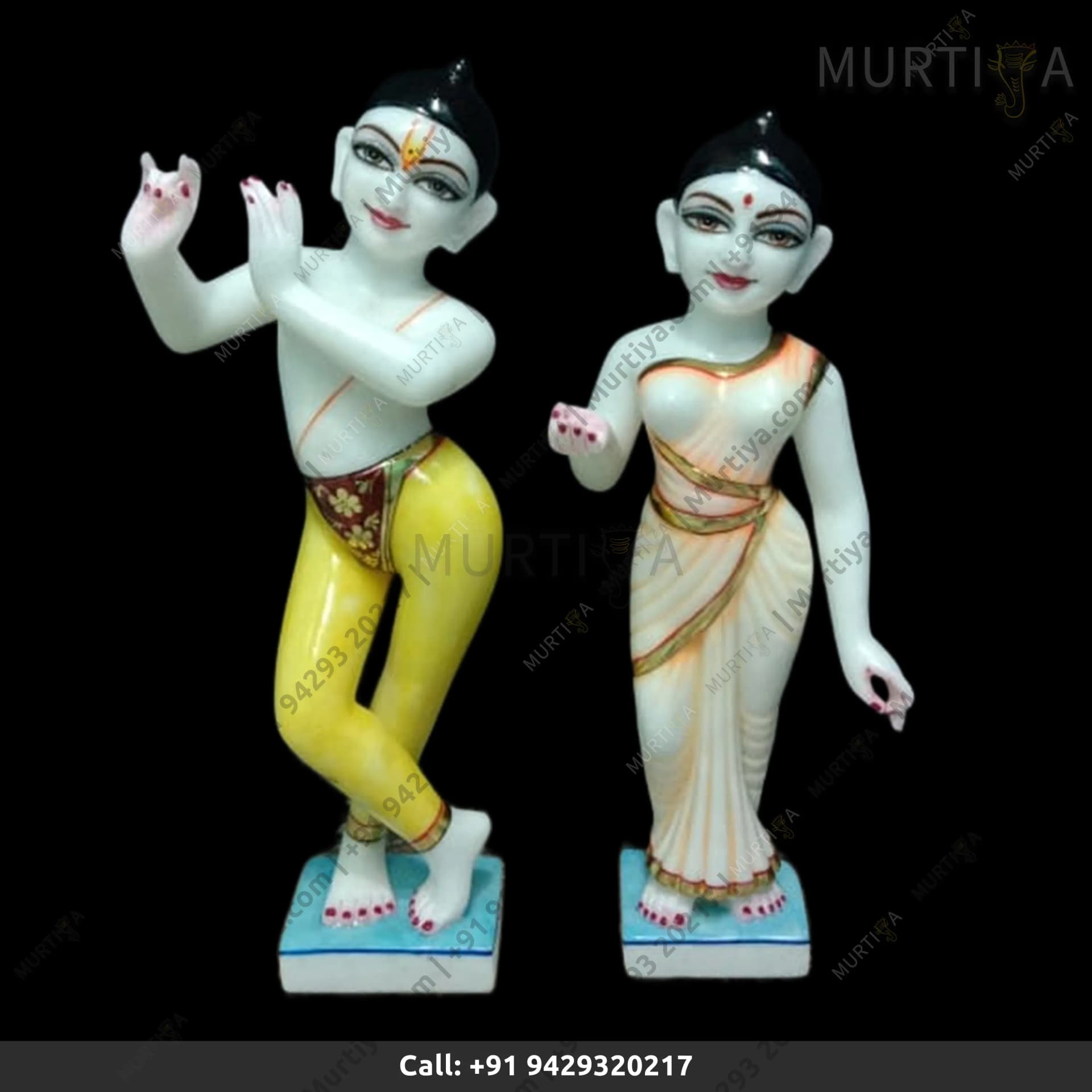 ISKCON Pure White Krishna Radha Marble Statue with Handmade Painted Saree