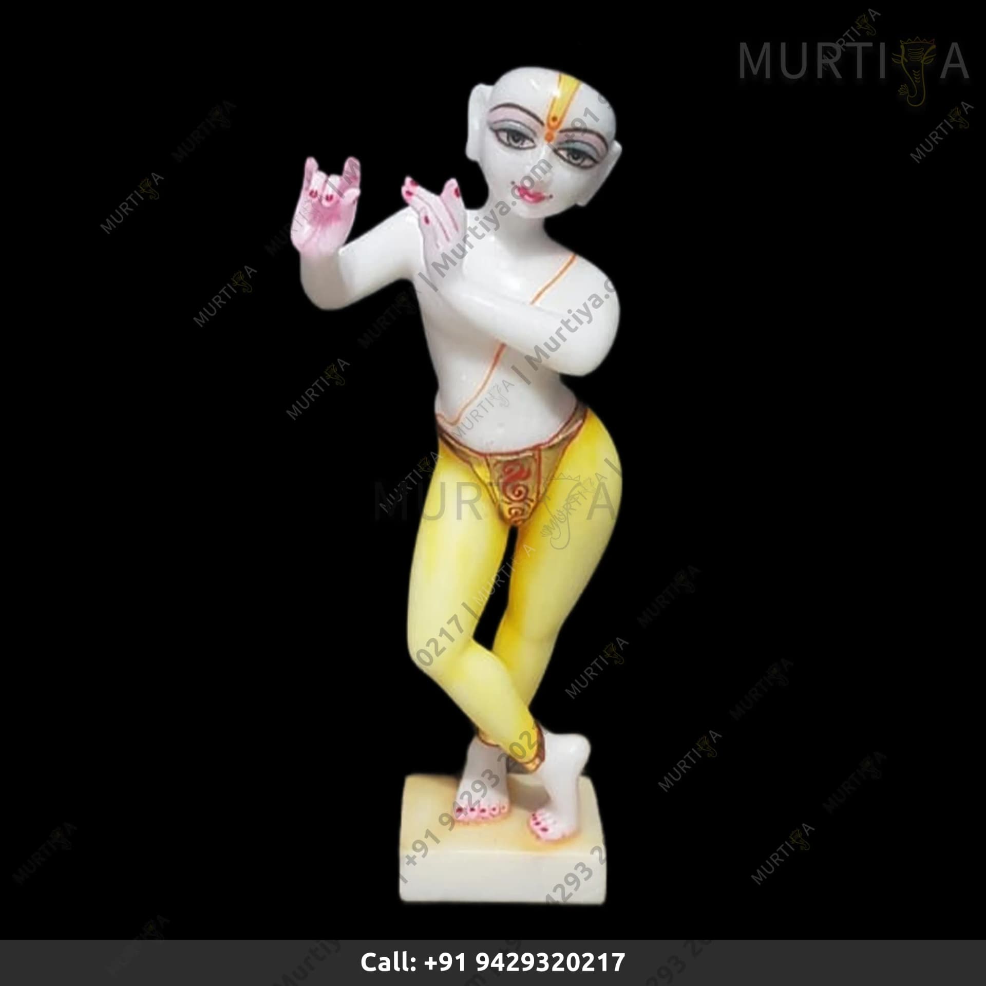 ISKCON Pure White Krishna Marble Statue Handmade Square Base