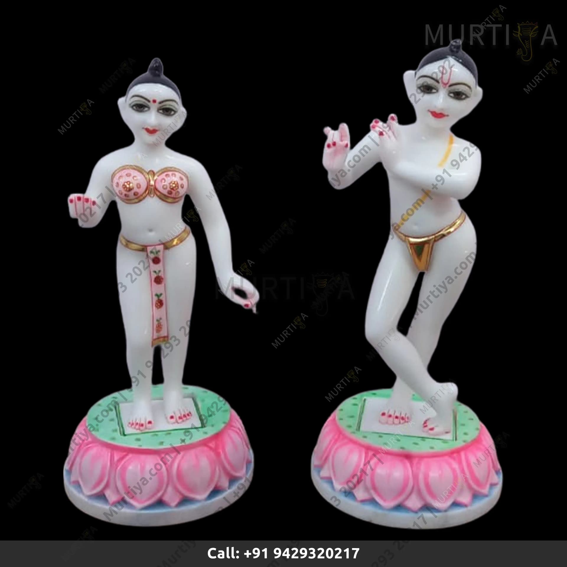 ISKCON Pure White Radha Krishna Marble Statue with Lotus Base