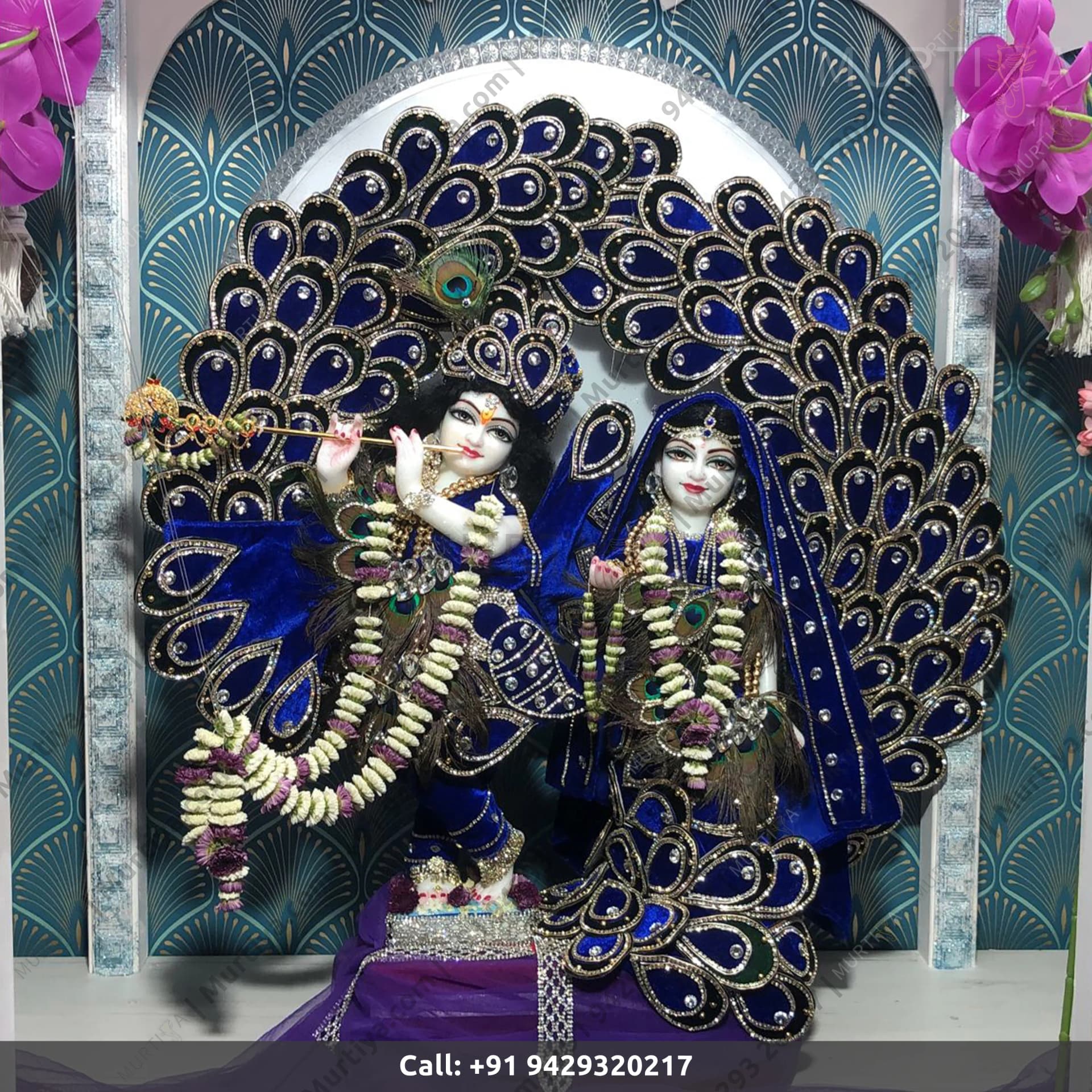 ISKCON Radha Krishna Marble Statue Handmade Peacock Clothes (Makrana)
