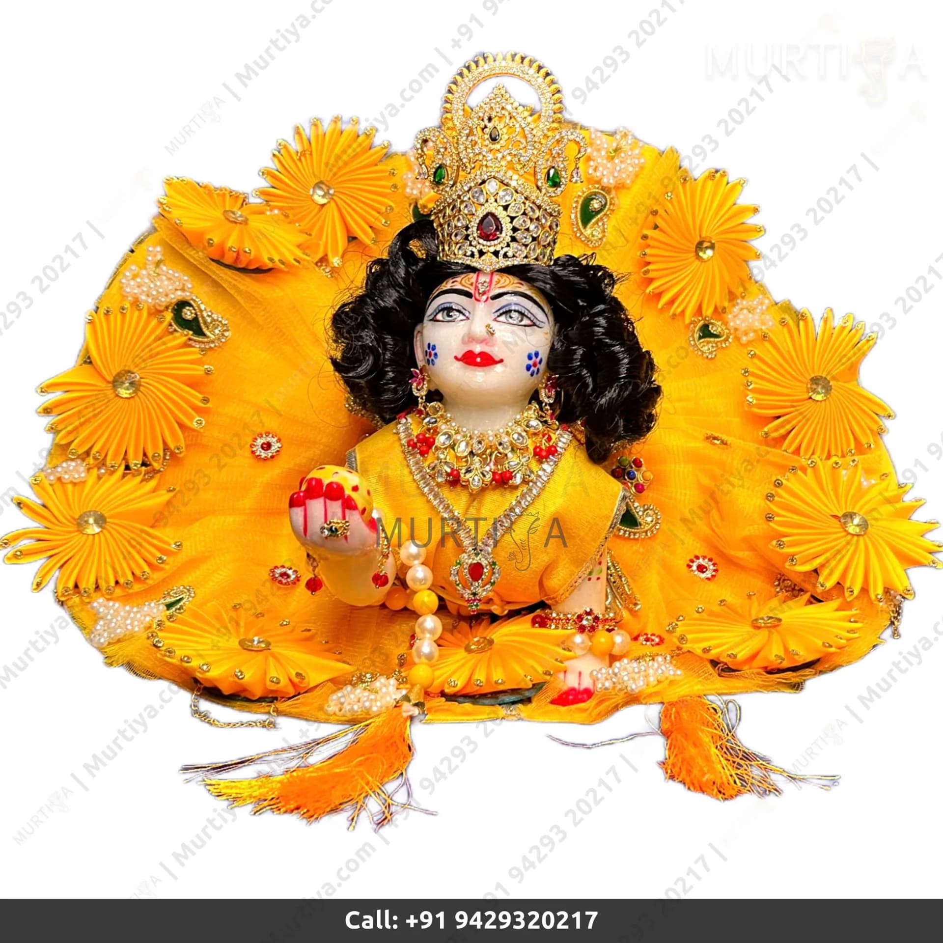 White Laddu Gopal Marble Murti (9in) Yellow Cloth Jewellery