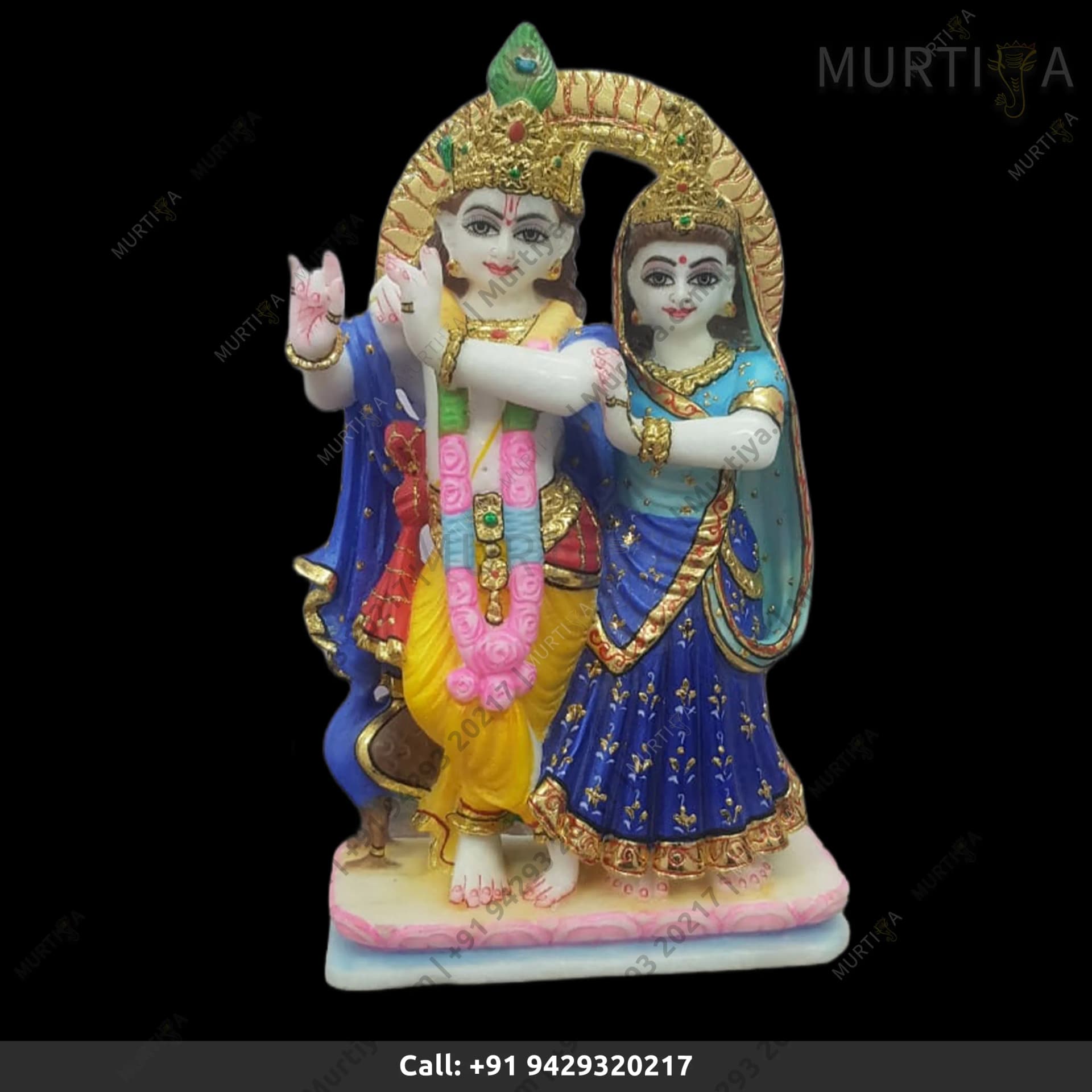Natural Pure Marble Jugal Jodi Radha Krishna Lotus Base (12–15 Inch)