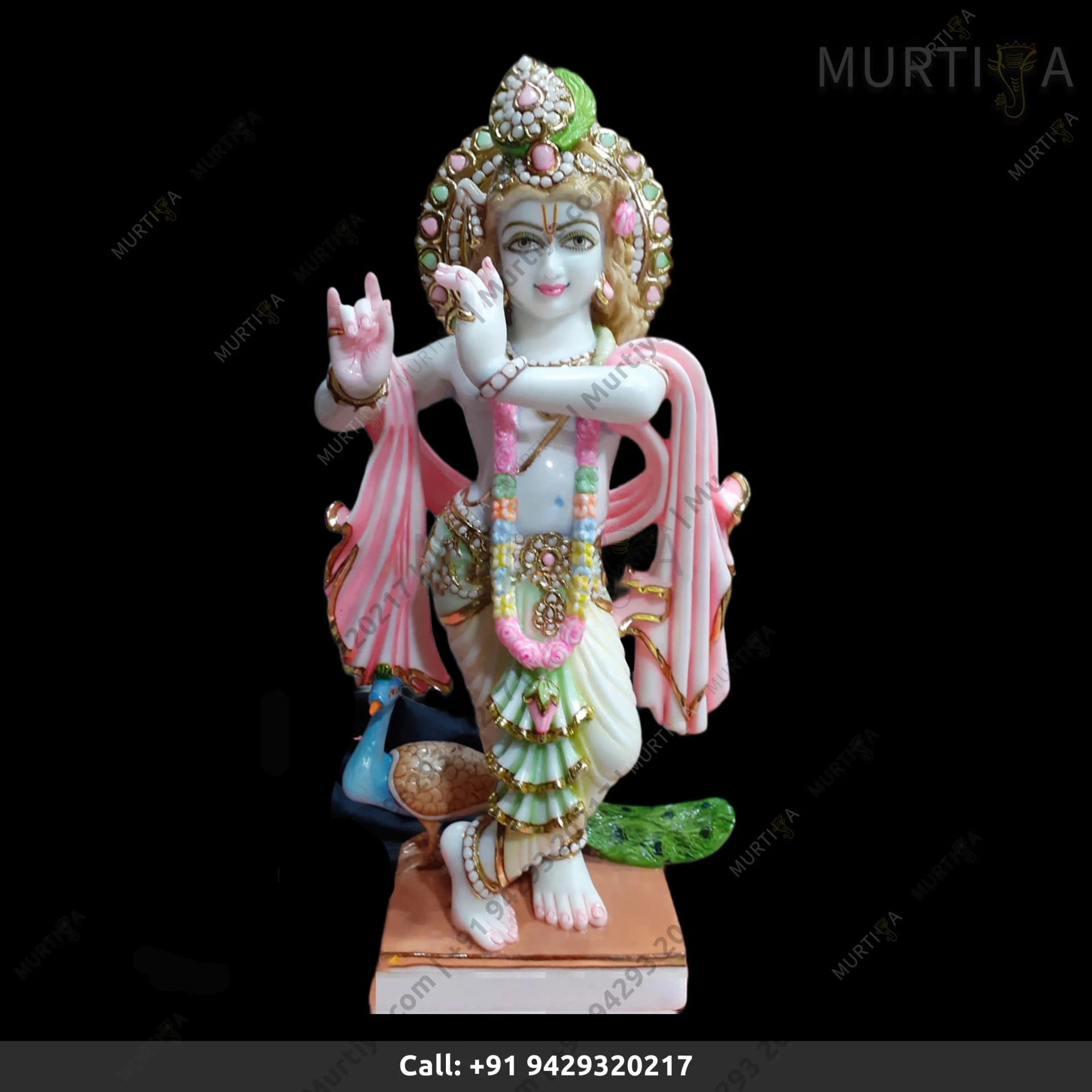 Painted Krishna Ji with Peacock in Natural White Vietnam Marble