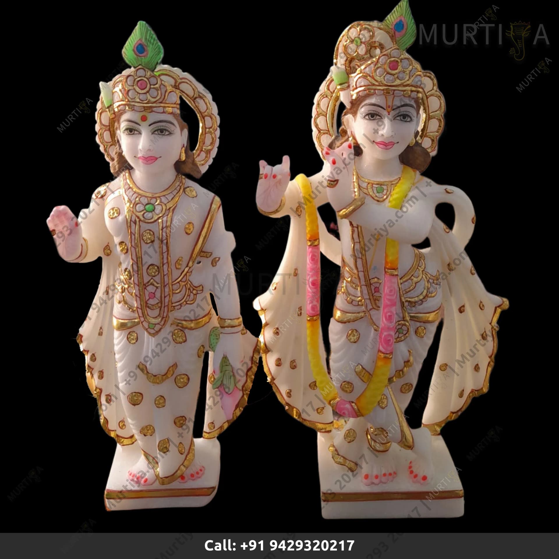 Painted Marble Radha Krishna Ji with Stone Work (Makrana) Idol