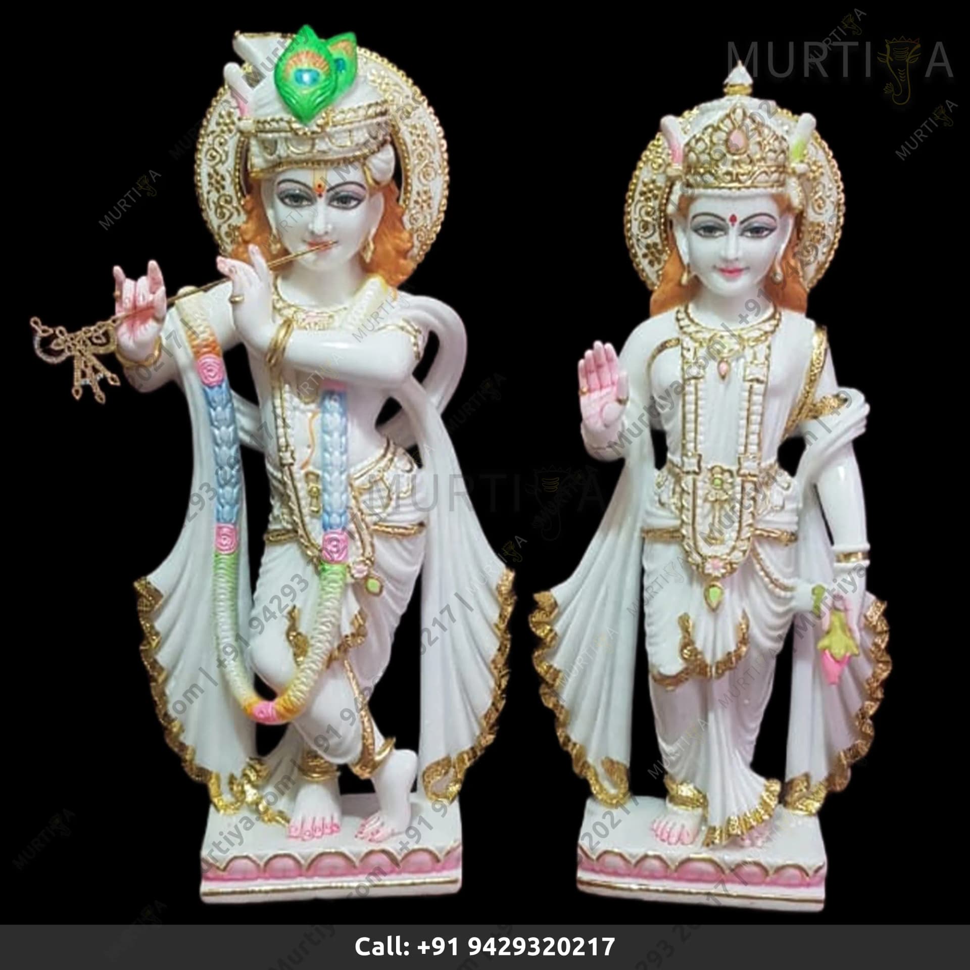 Painted Marble Krishna Ji Golden Outline (Makrana) 12–30 Inch