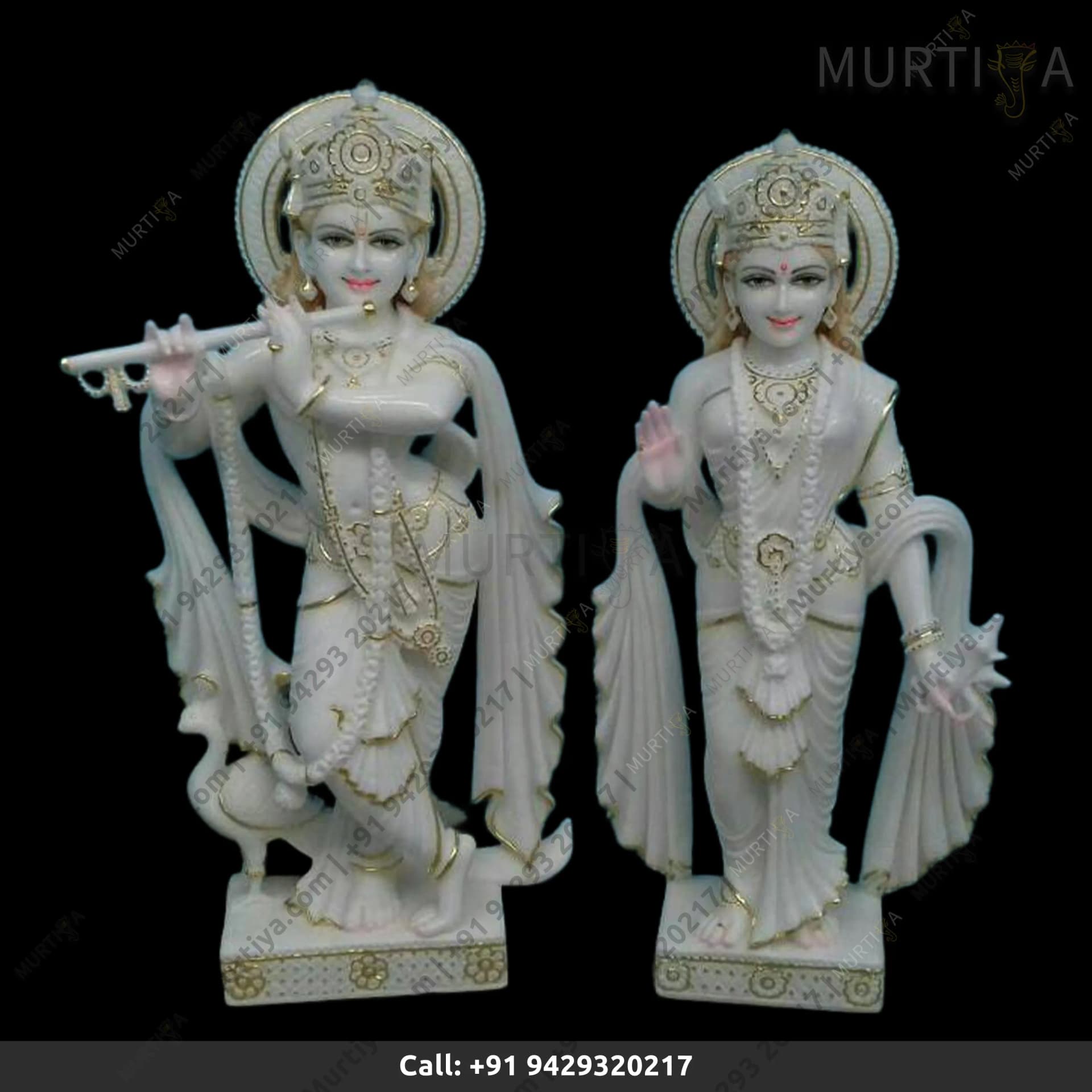 Painted Marble Krishna Ji (Makrana) with Light Minimal Painting
