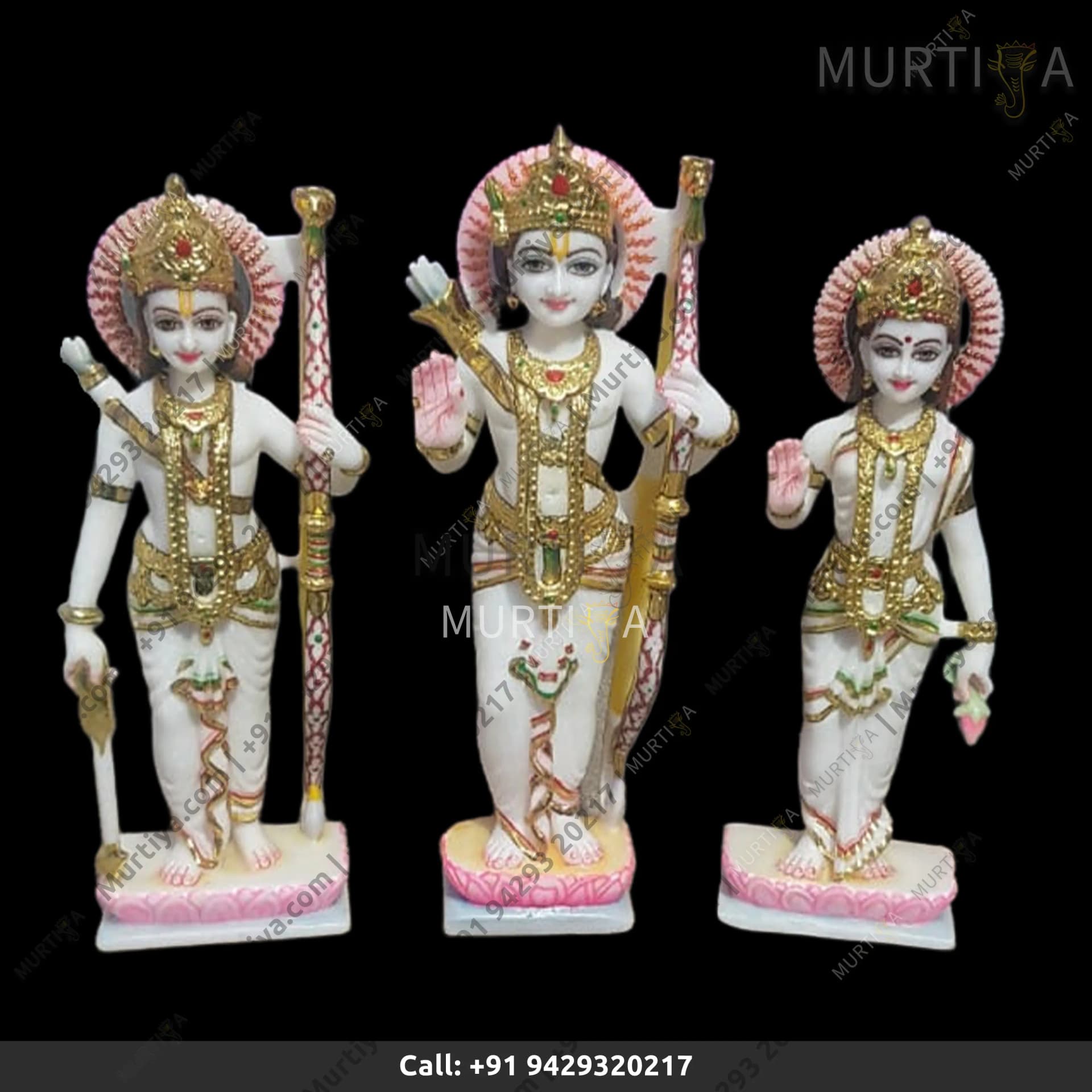 Marble Ram Ji Laxman Ji And Sita Mata On Lotus Base (Makrana)