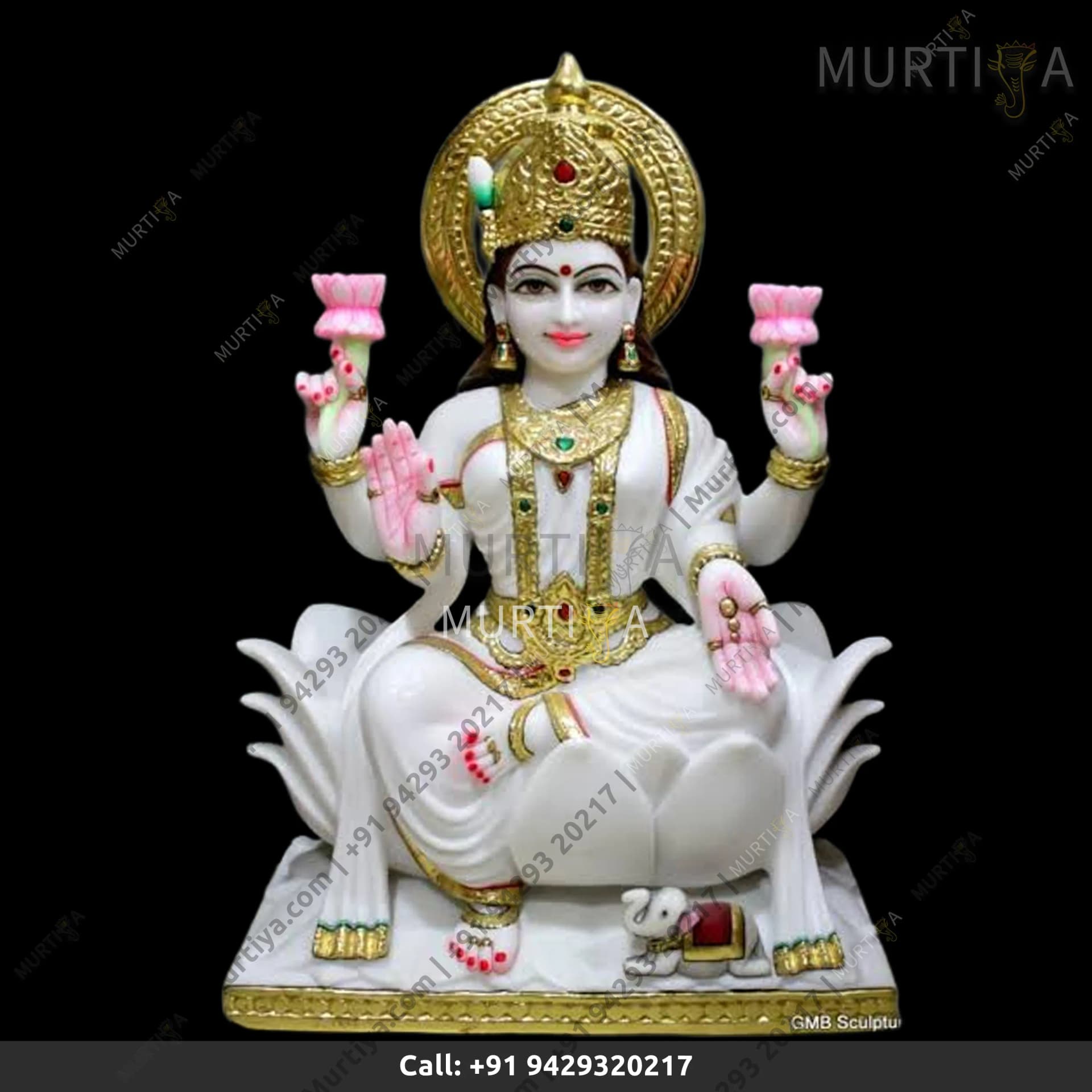 Marble Saraswati Maa Golden Jewellery Idol on Lotus (Makrana)