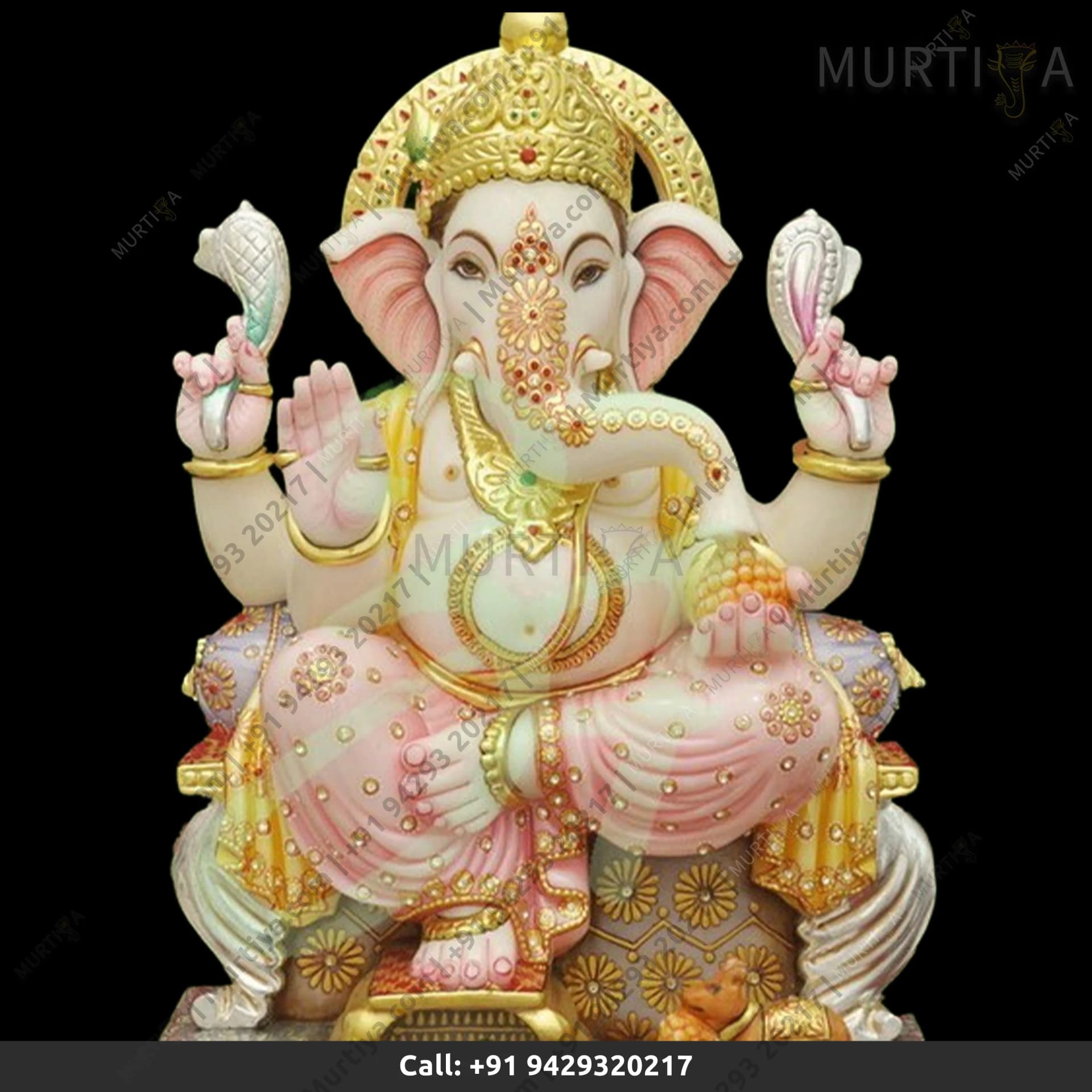 Marble Ganesh Ji Full Stone Work Idol (Makrana, 12–30 Inch)