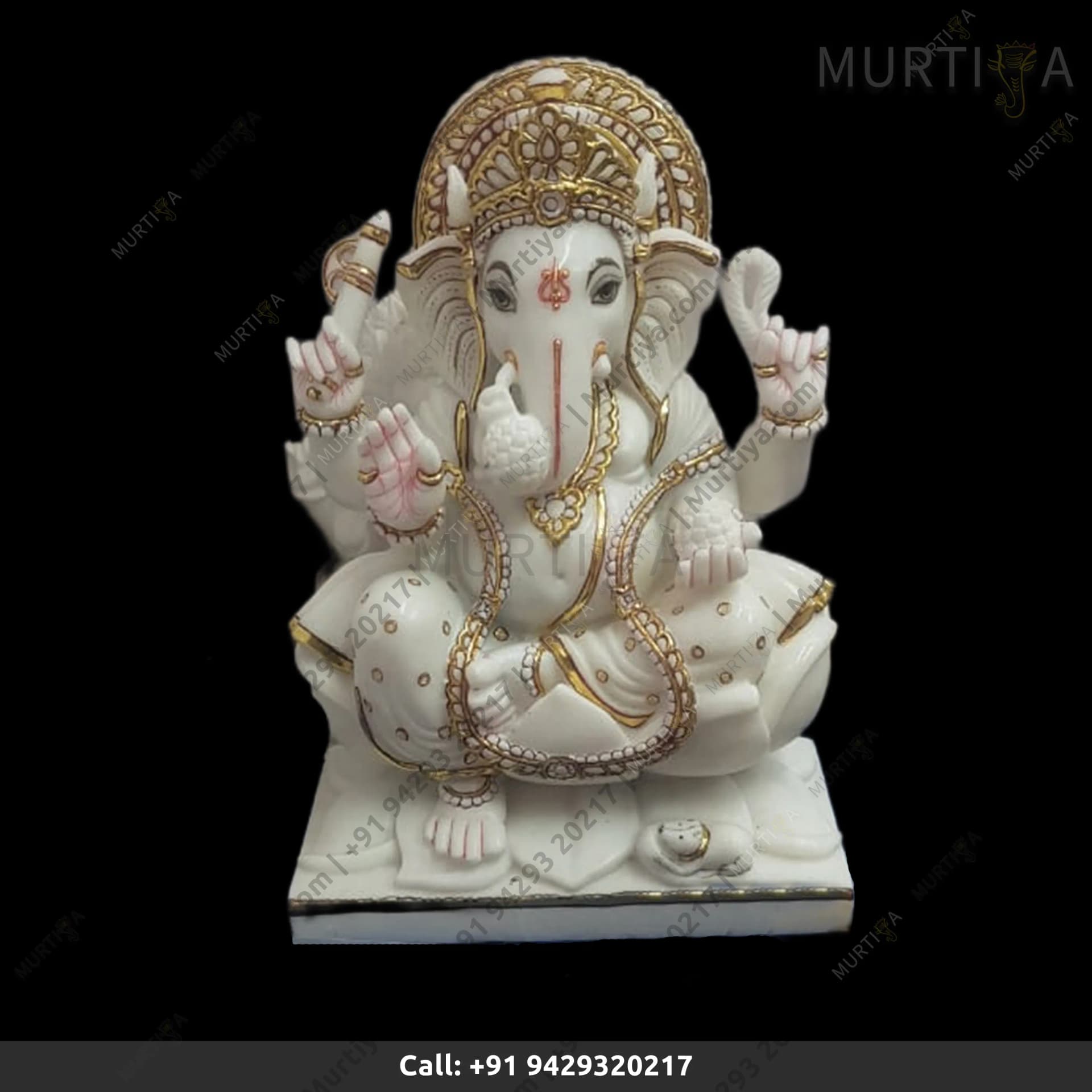 Marble Ganesha Ji Makrana with Golden Outline & Stone Work