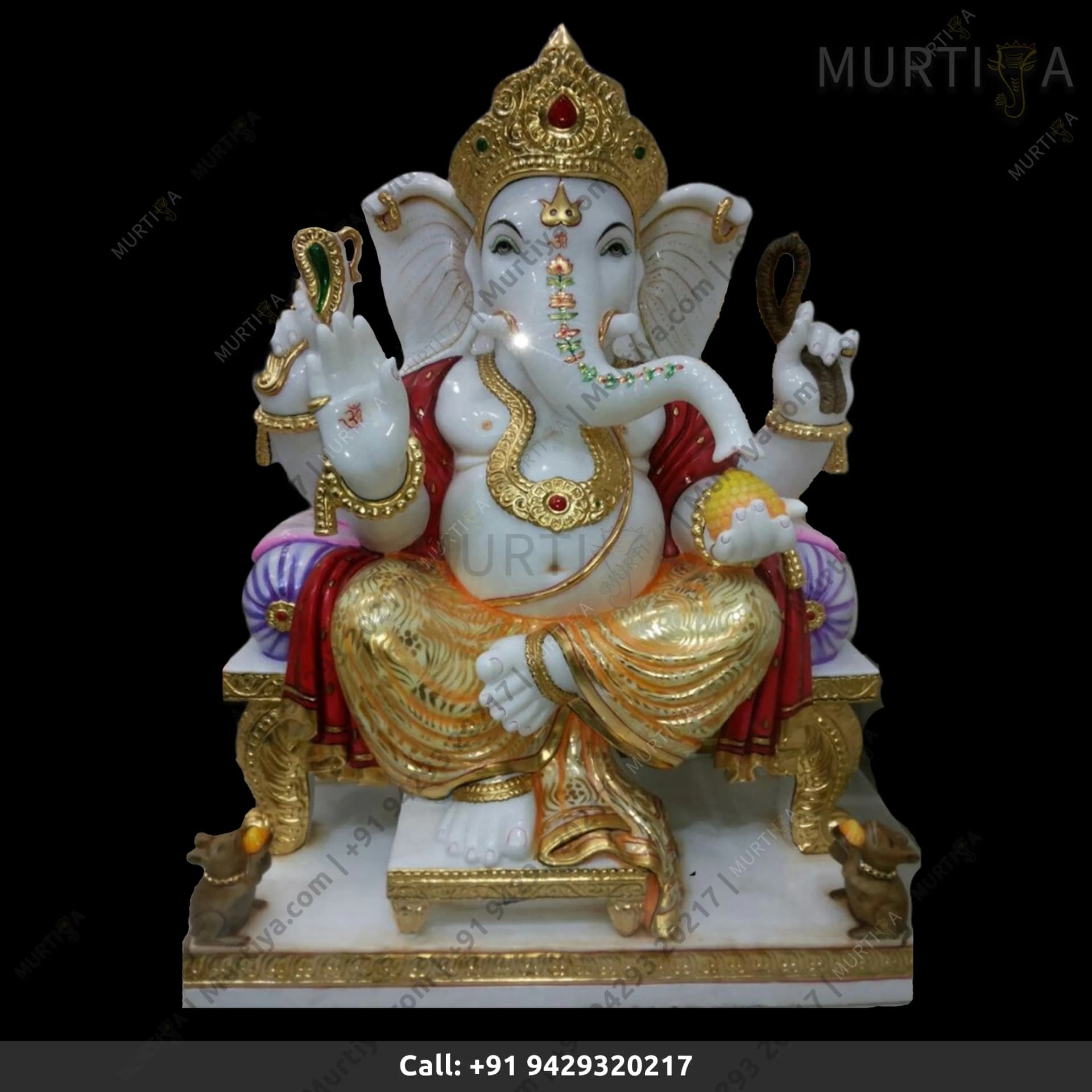 Marble Ganesha Ji With Golden Red Purple Idol (Makrana) 12-30 Inch