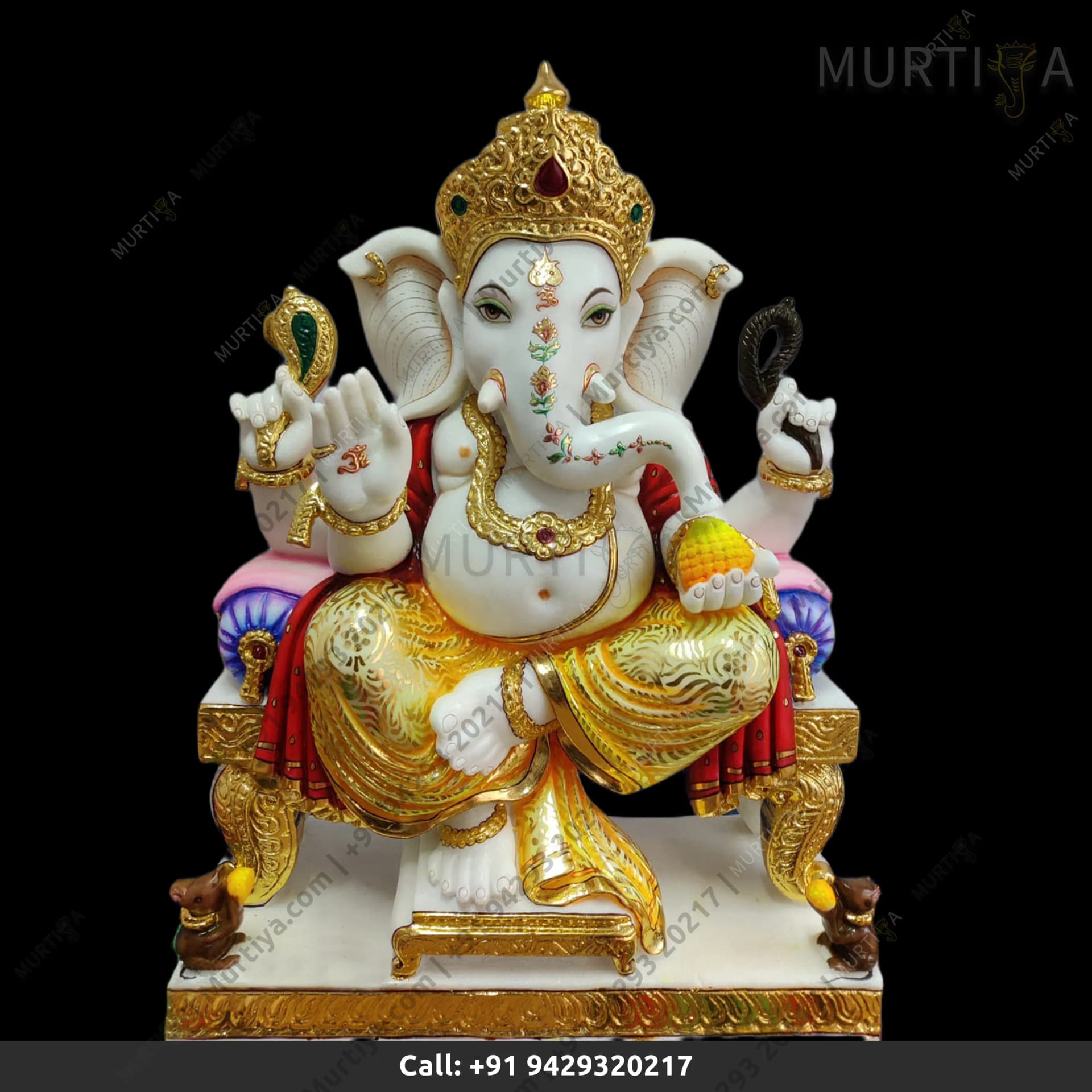 Marble Ganesh ji Golden Painted Makrana Marble Idol (12–30 Inch)