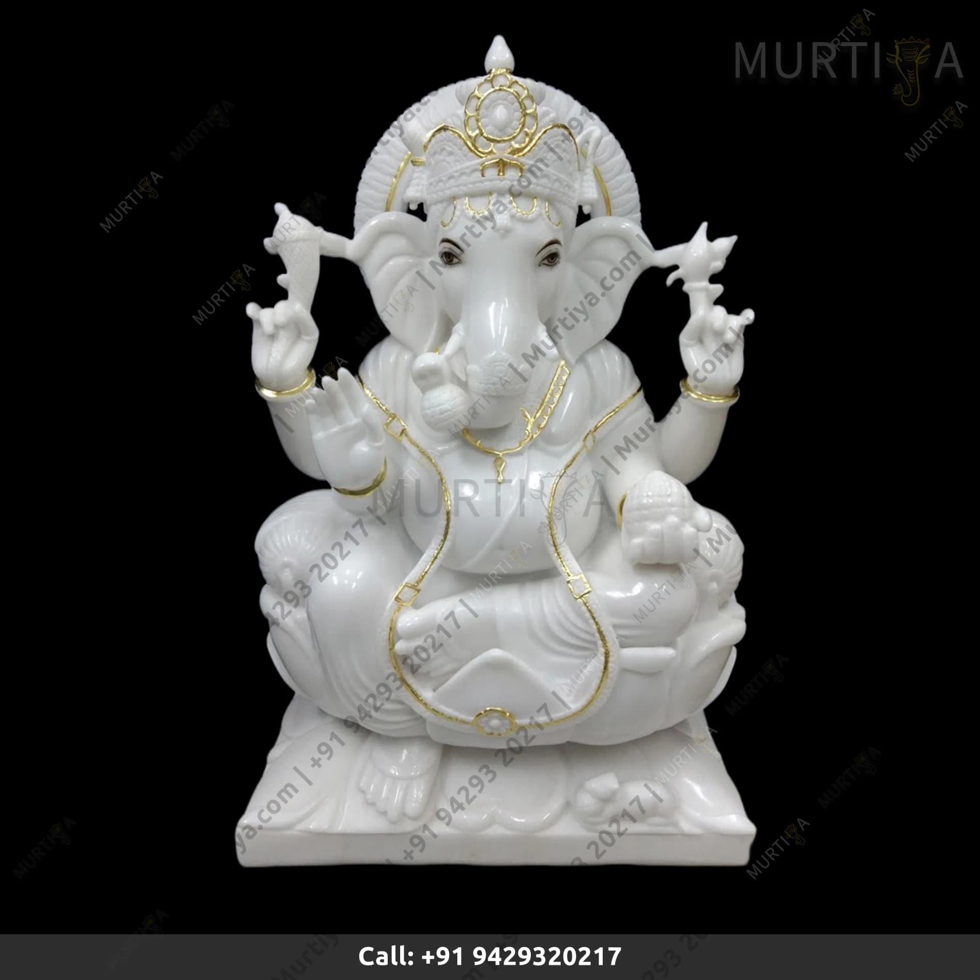 Marble Ganesh ji Pure White Glossy Golden Outline (Makrana)