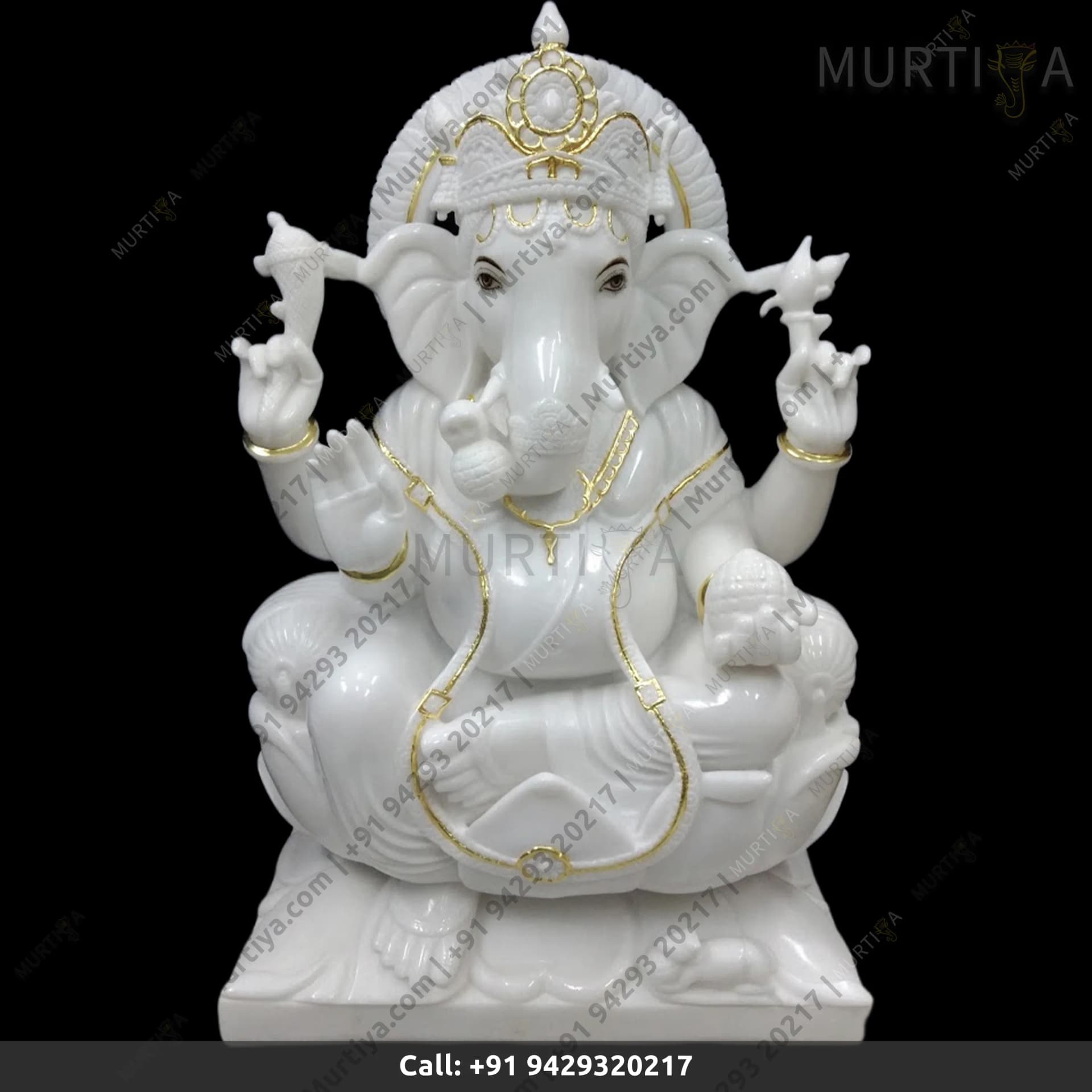 Marble Ganesh ji Pure White with Golden Outline (Makrana)