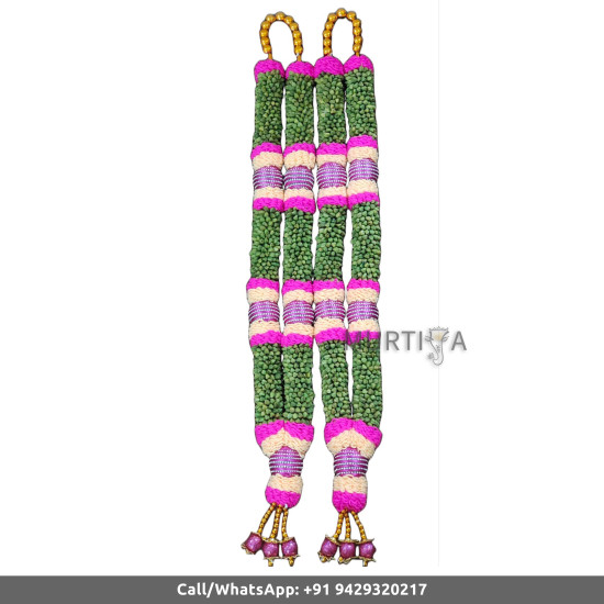 South Indian Wedding Garland-Green Cardamom with purple and off-white string ribbon flower and purple diamond ball-Natural Green Cardamom Garland For Wedding-Elaichi/Cardamom Malai-Idol Garland-Statue Garland (1 piece only)