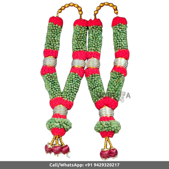 South Indian Wedding Garland-Green Cardamom with red color string ribbon flower and golden diamond ball-Natural Green Cardamom Garland For Wedding-Elaichi/Cardamom Malai-Idol Garland-Statue Garland (1 piece only)
