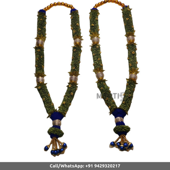 South Indian Wedding Garland-Green Cardamom with blue color string ribbon flower and golden diamond ball and beads-Natural Green Cardamom Garland For Wedding-Elaichi/Cardamom Malai-Idol Garland-Statue Garland (1 piece only) South Indian Wedding Garland-Green Cardamom with blue color string ribbon flower and golden diamond ball and beads-Natural Green Cardamom Garland For Wedding-Elaichi/Cardamom Malai-Idol Garland-Statue Garland (1 piece only)