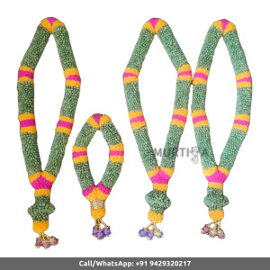 South Indian Wedding Garland-Green Cardamom with yellow pink color string ribbon flower and purple ball and beads-Natural Green Cardamom Garland For Wedding-Elaichi/Cardamom Malai-Idol Garland-Statue Garland (1 piece only)