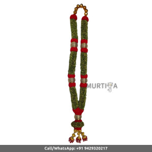 South Indian Wedding Garland-Green Cardamom with red color string ribbon flower and dark red ball and golden beads-Natural Green Cardamom Garland For Wedding-Elaichi/Cardamom Malai-Idol Garland-Statue Garland (1 piece only)