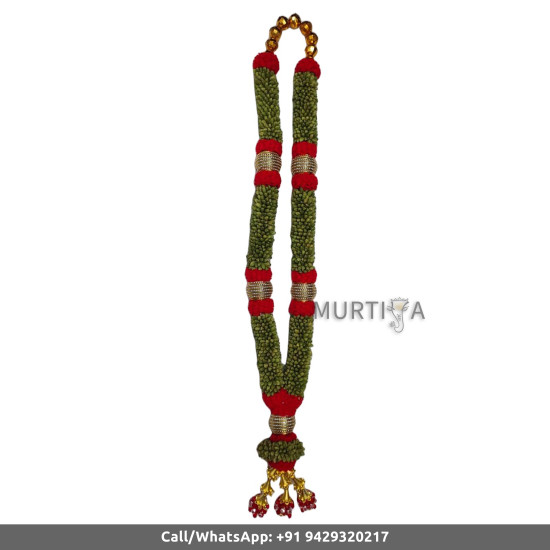 South Indian Wedding Garland-Green Cardamom with red color string ribbon flower and dark red ball and golden beads-Natural Green Cardamom Garland For Wedding-Elaichi/Cardamom Malai-Idol Garland-Statue Garland (1 piece only)