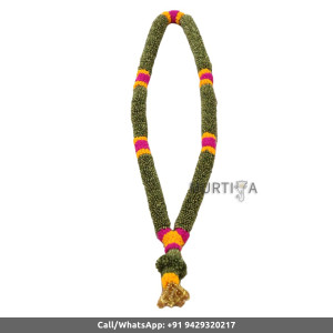 South Indian Wedding Garland-Green Cardamom with orange and pink color string ribbon flower and golden beads-Natural Green Cardamom Garland For Wedding-Elaichi/Cardamom Malai-Idol Garland-Statue Garland (1 piece only)