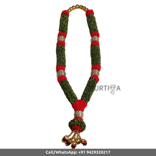 South Indian Wedding Garland-Green Cardamom with red color string ribbon flower and golden beads-Natural Green Cardamom Garland For Wedding-Elaichi/Cardamom Malai-Idol Garland-Statue Garland (1 piece only)