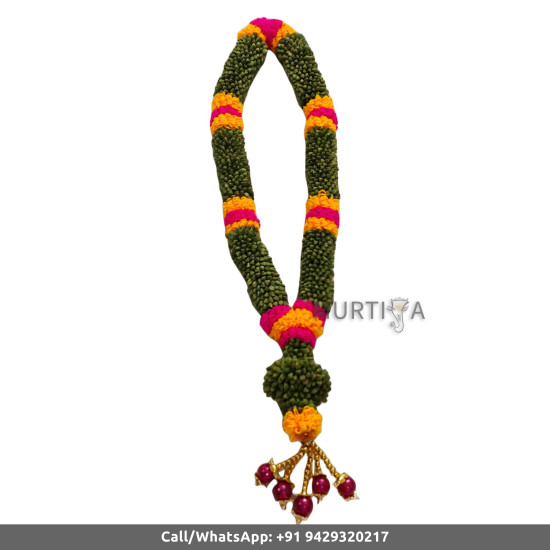 South Indian Wedding Garland-Green Cardamom with yellow and pink color string ribbon flower and golden beads-Natural Green Cardamom Garland For Wedding-Elaichi/Cardamom Malai-Idol Garland-Statue Garland (1 piece only)