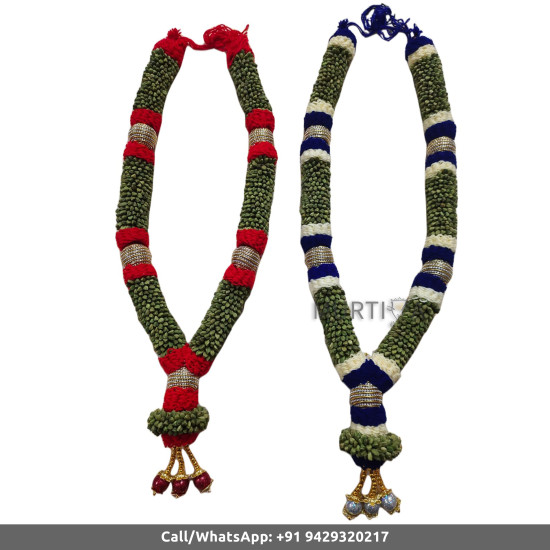 South Indian Wedding Garland-Green Cardamom in red or blue color string ribbon flower and golden beads-Natural Green Cardamom Garland For Wedding-Elaichi/Cardamom Malai-Idol Garland-Statue Garland (1 piece only)